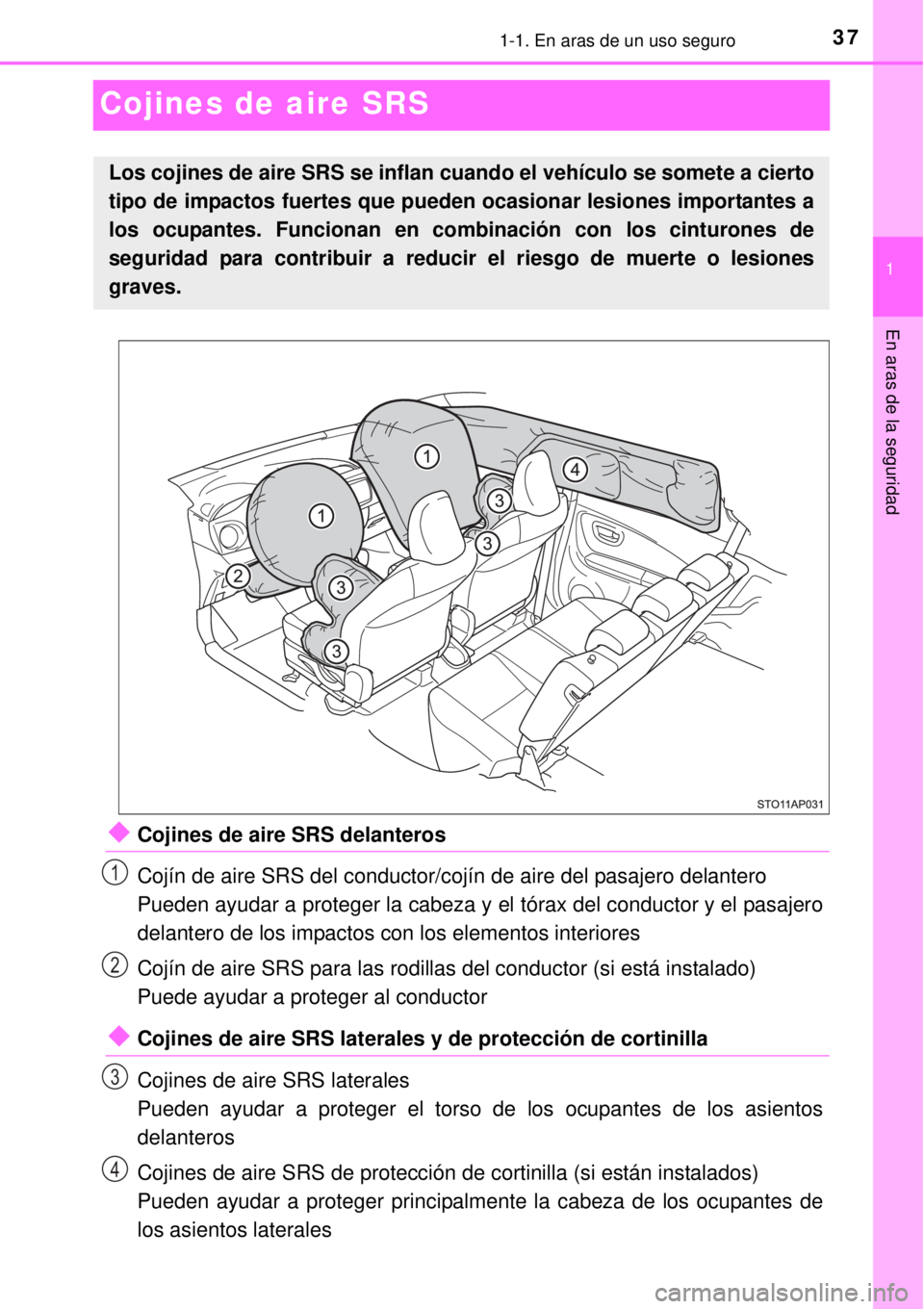 TOYOTA YARIS 2015  Manuale de Empleo (in Spanish) 371-1. En aras de un uso seguro
1
En aras de la seguridad
Cojines de aire SRS
Cojines de aire SRS delanteros
Cojín de aire SRS del conductor/cojín de aire del pasajero delantero
Pueden ayudar a p