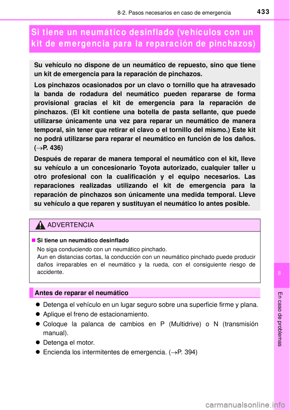 TOYOTA YARIS 2015  Manuale de Empleo (in Spanish) 4338-2. Pasos necesarios en caso de emergencia
8
En caso de problemas
Si tiene un neumático desinflado (vehículos con un 
kit de emergencia para la reparación de pinchazos)
Detenga el vehículo 
