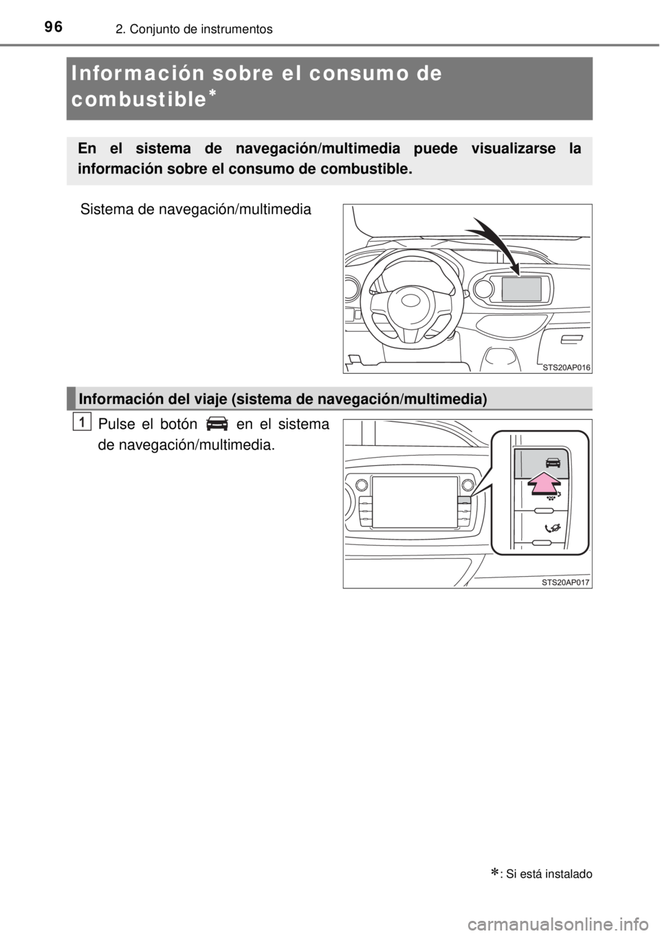 TOYOTA YARIS 2015 Manuale de Empleo (in Spanish) 962. Conjunto de instrumentos
Infor mación sobre el consumo de
combustible
Sistema de navegación/multimedia
Pulse el botón en el sistema
de navegación/multimedia.
: Si está instalado
En TOYOTA YARIS 2015 Manuale de Empleo (in Spanish) 962. Conjunto de instrumentos
Infor mación sobre el consumo de
combustible
Sistema de navegación/multimedia
Pulse el botón en el sistema
de navegación/multimedia.
: Si está instalado
En