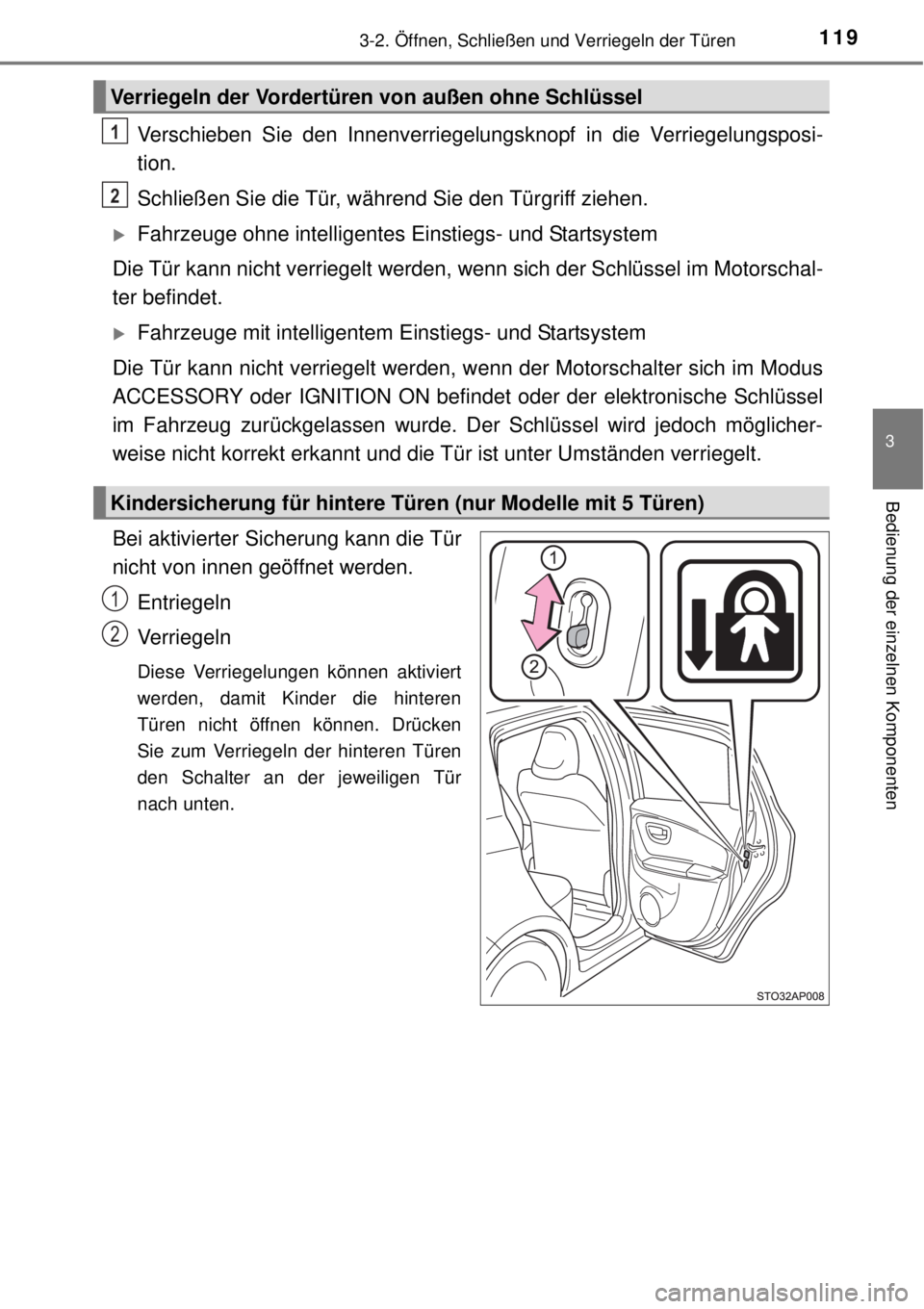 TOYOTA YARIS 2015 Betriebsanleitungen (in German) 1193-2. Öffnen, Schließen und Verriegeln der Türen
3
Bedienung der einzelnen Komponenten
Verschieben Sie den Innenverriegelungsknopf in die Verriegelungsposi-
tion.
Schließen Sie die Tür, währen TOYOTA YARIS 2015 Betriebsanleitungen (in German) 1193-2. Öffnen, Schließen und Verriegeln der Türen
3
Bedienung der einzelnen Komponenten
Verschieben Sie den Innenverriegelungsknopf in die Verriegelungsposi-
tion.
Schließen Sie die Tür, währen