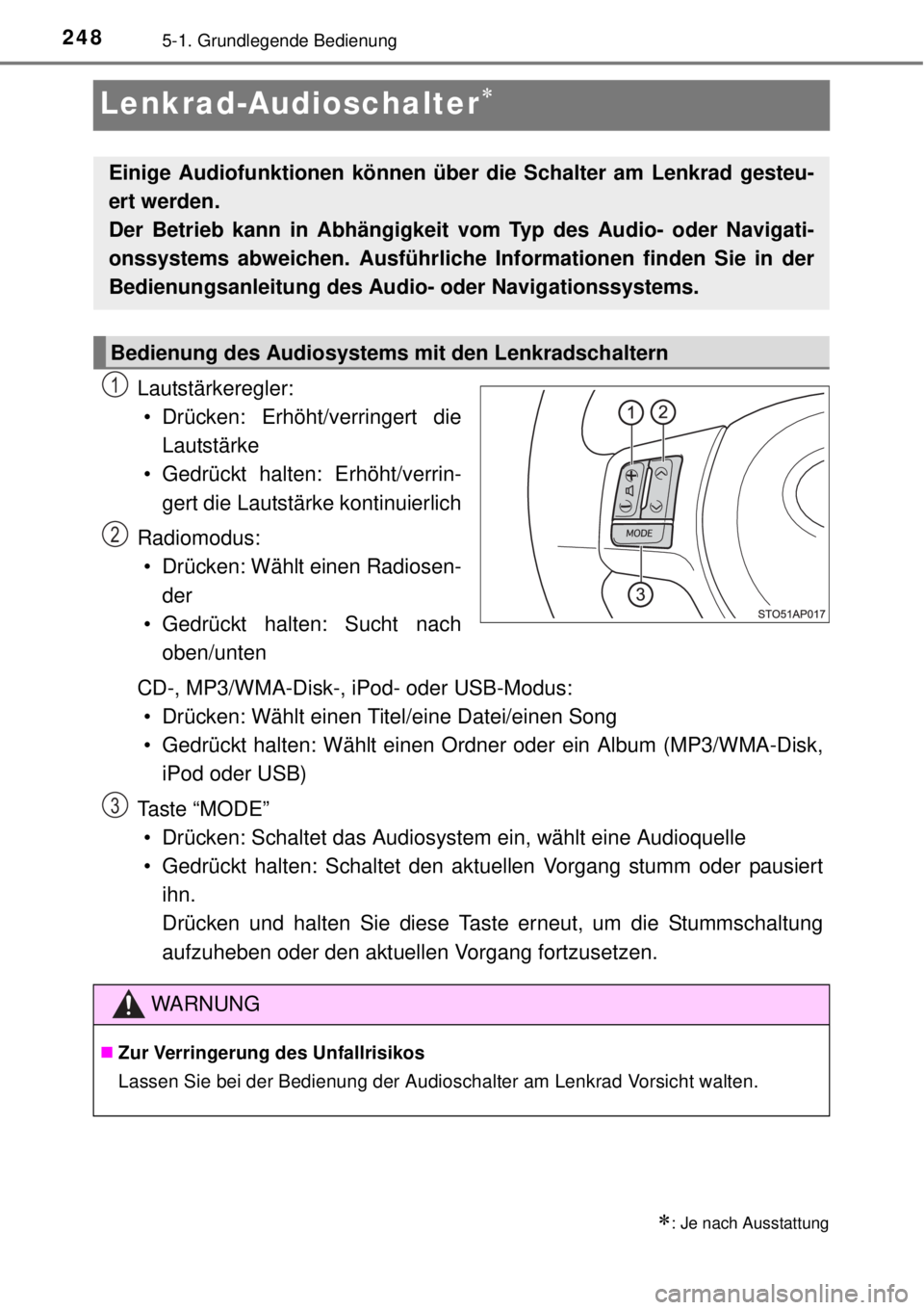 TOYOTA YARIS 2015 Betriebsanleitungen (in German) 2485-1. Grundlegende Bedienung
Lenkrad-Audioschalter
Lautstärkeregler:
• Drücken: Erhöht/verringert die
Lautstärke
• Gedrückt halten: Erhöht/verrin-
gert die Lautstärke kontinuierlich
Ra TOYOTA YARIS 2015 Betriebsanleitungen (in German) 2485-1. Grundlegende Bedienung
Lenkrad-Audioschalter
Lautstärkeregler:
• Drücken: Erhöht/verringert die
Lautstärke
• Gedrückt halten: Erhöht/verrin-
gert die Lautstärke kontinuierlich
Ra