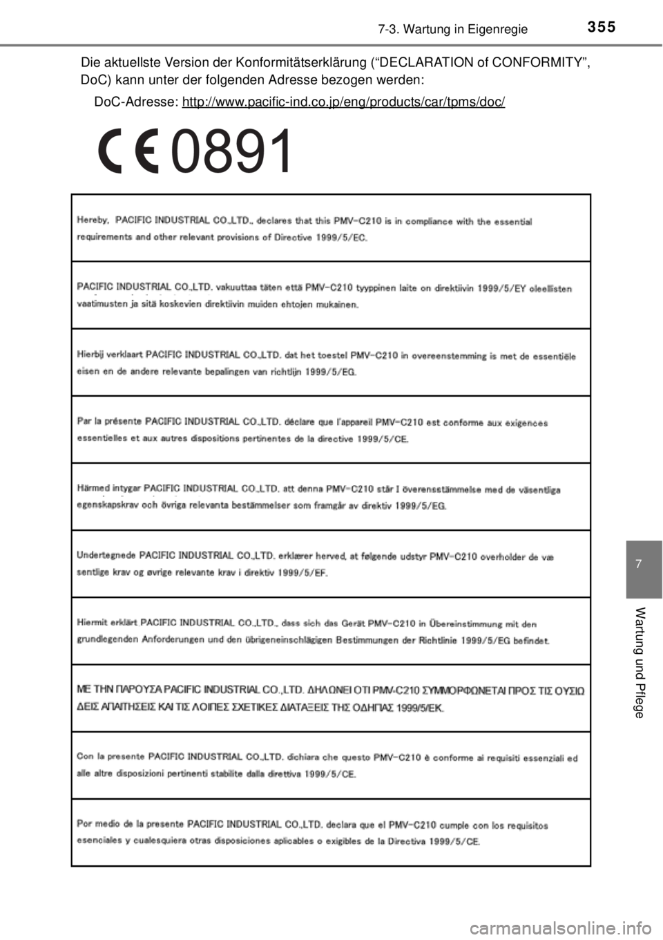 TOYOTA YARIS 2015 Betriebsanleitungen (in German) 3557-3. Wartung in Eigenregie
7
Wartung und Pflege
Die aktuellste Version der Konformitätserklärung (“DECLARATION of CONFORMITY”,
DoC) kann unter der folgenden Adresse bezogen werden:
DoC-Adress TOYOTA YARIS 2015 Betriebsanleitungen (in German) 3557-3. Wartung in Eigenregie
7
Wartung und Pflege
Die aktuellste Version der Konformitätserklärung (“DECLARATION of CONFORMITY”,
DoC) kann unter der folgenden Adresse bezogen werden:
DoC-Adress