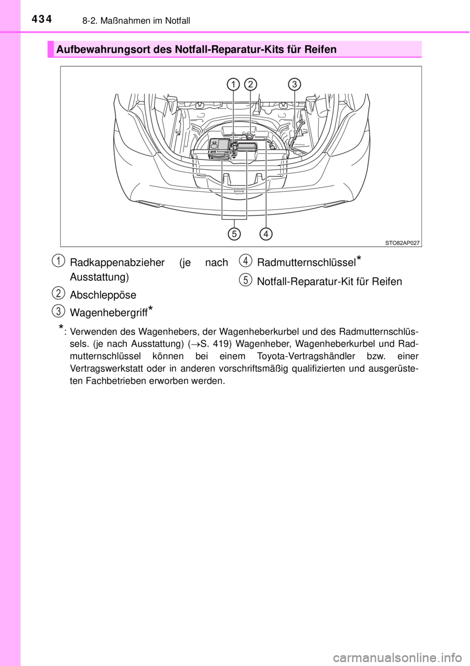 TOYOTA YARIS 2015 Betriebsanleitungen (in German) 4348-2. Maßnahmen im Notfall
*: Verwenden des Wagenhebers, der Wagenheberkurbel und des Radmutternschlüs-
sels. (je nach Ausstattung) (S. 419) Wagenheber, Wagenheberkurbel und Rad-
mutternschlüs TOYOTA YARIS 2015 Betriebsanleitungen (in German) 4348-2. Maßnahmen im Notfall
*: Verwenden des Wagenhebers, der Wagenheberkurbel und des Radmutternschlüs-
sels. (je nach Ausstattung) (S. 419) Wagenheber, Wagenheberkurbel und Rad-
mutternschlüs