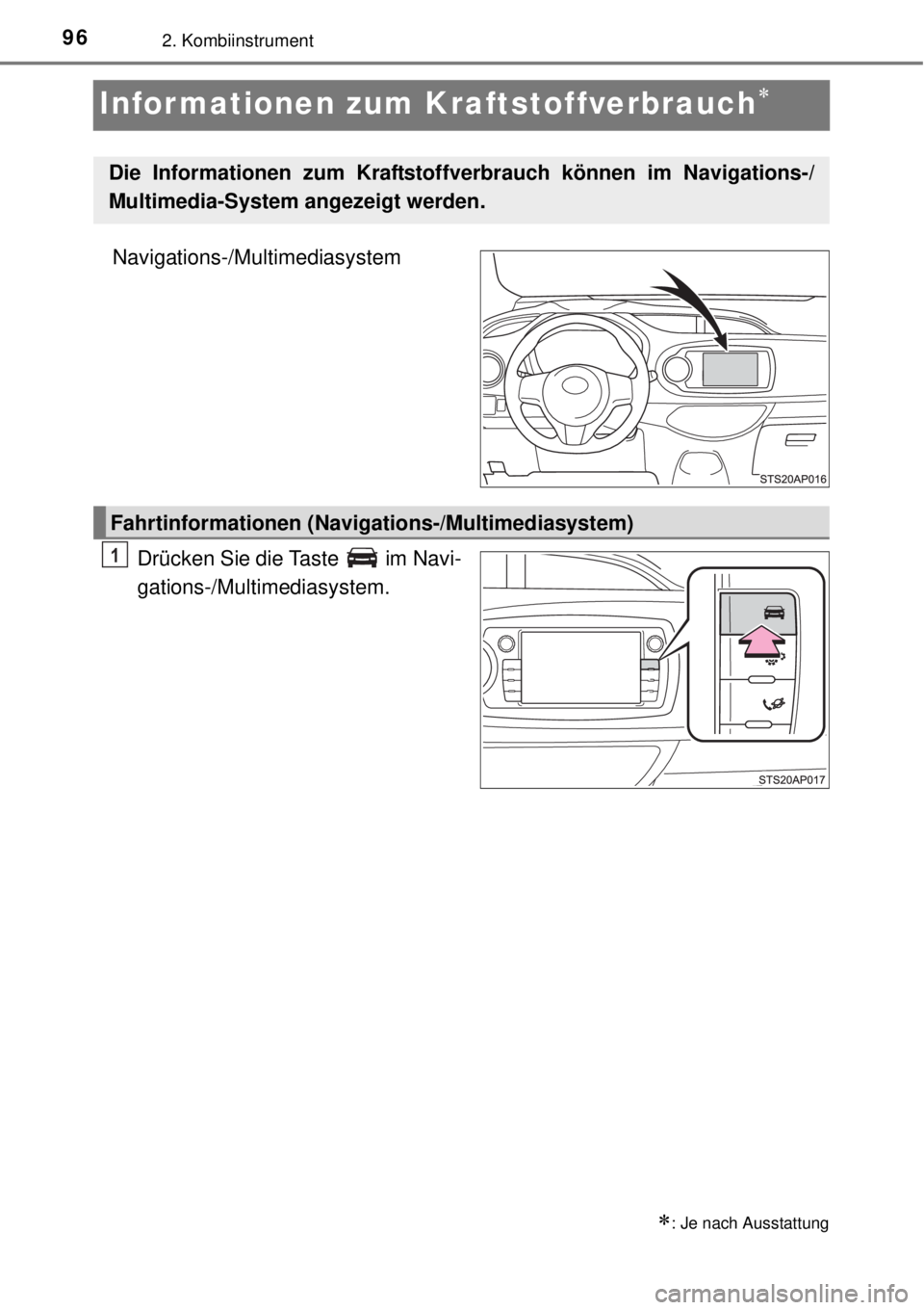 TOYOTA YARIS 2015 Betriebsanleitungen (in German) 962. Kombiinstrument
Informationen zum Kraftstoffverbrauch
Navigations-/Multimediasystem
Drücken Sie die Taste im Navi-
gations-/Multimediasystem.
: Je nach Ausstattung
Die Informationen zum TOYOTA YARIS 2015 Betriebsanleitungen (in German) 962. Kombiinstrument
Informationen zum Kraftstoffverbrauch
Navigations-/Multimediasystem
Drücken Sie die Taste im Navi-
gations-/Multimediasystem.
: Je nach Ausstattung
Die Informationen zum