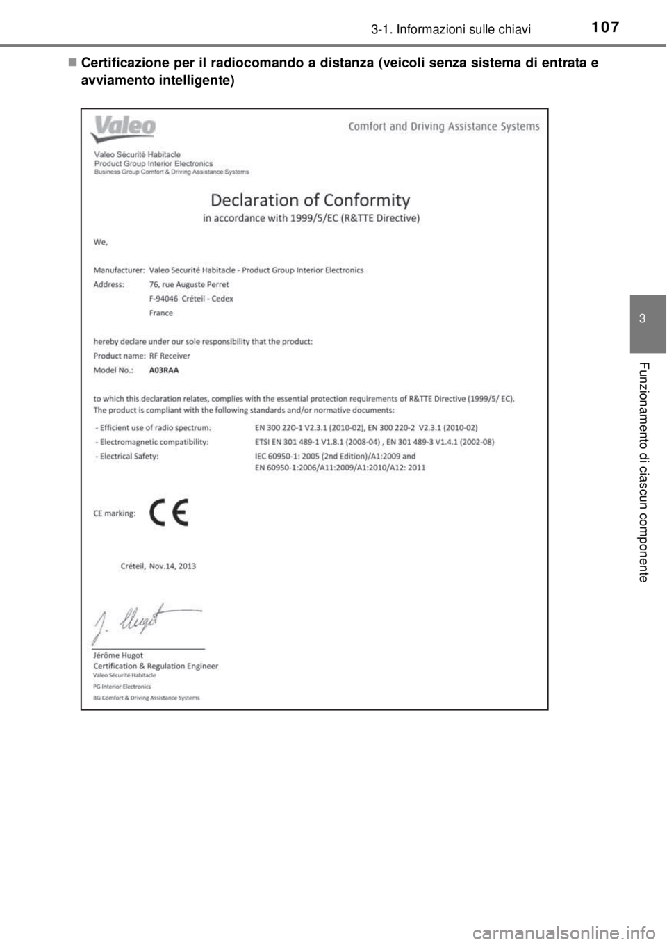 TOYOTA YARIS 2015  Manuale duso (in Italian) 1073-1. Informazioni sulle chiavi
3
Funzionamento di ciascun componente
Certificazione per il radiocomando a distanza (veicoli senza sistema di entrata e
avviamento intelligente) 