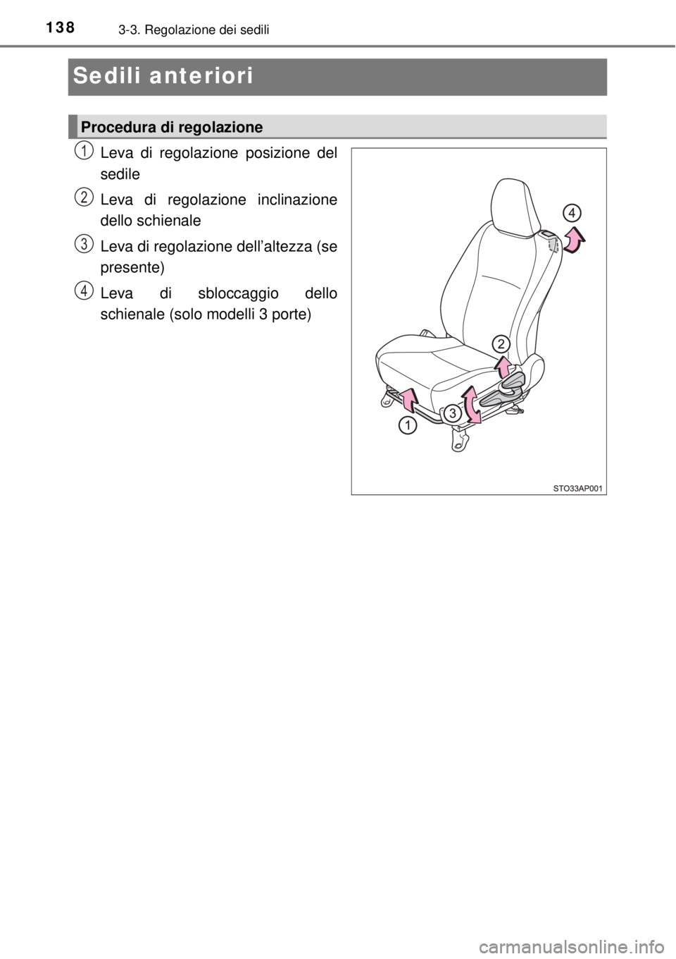 TOYOTA YARIS 2015 Manuale duso (in Italian) 1383-3. Regolazione dei sedili
Sedili anteriori
Leva di regolazione posizione del
sedile
Leva di regolazione inclinazione
dello schienale
Leva di regolazione dell’altezza (se
presente)
Leva di sbloc TOYOTA YARIS 2015 Manuale duso (in Italian) 1383-3. Regolazione dei sedili
Sedili anteriori
Leva di regolazione posizione del
sedile
Leva di regolazione inclinazione
dello schienale
Leva di regolazione dell’altezza (se
presente)
Leva di sbloc