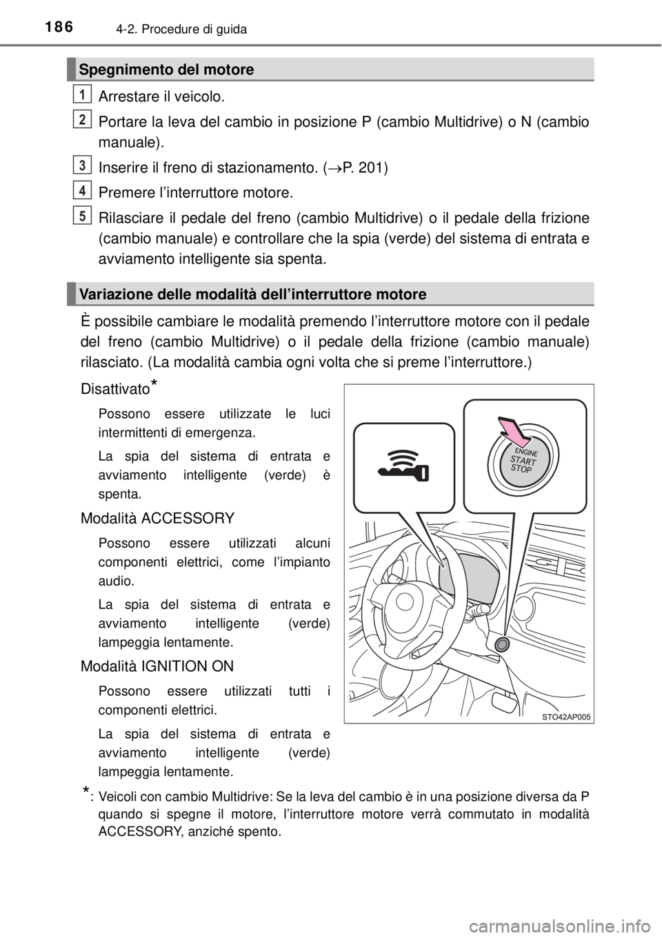 TOYOTA YARIS 2015 Manuale duso (in Italian) 1864-2. Procedure di guida
Arrestare il veicolo.
Portare la leva del cambio in posizione P (cambio Multidrive) o N (cambio
manuale).
Inserire il freno di stazionamento. (P. 201)
Premere l’interru TOYOTA YARIS 2015 Manuale duso (in Italian) 1864-2. Procedure di guida
Arrestare il veicolo.
Portare la leva del cambio in posizione P (cambio Multidrive) o N (cambio
manuale).
Inserire il freno di stazionamento. (P. 201)
Premere l’interru