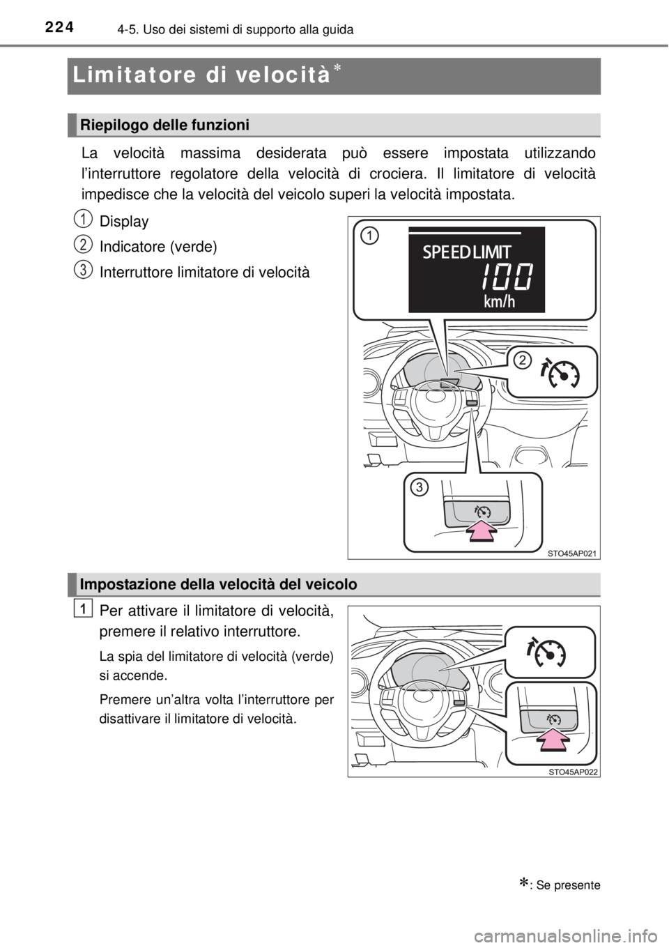 TOYOTA YARIS 2015  Manuale duso (in Italian) 2244-5. Uso dei sistemi di supporto alla guida
Limitatore di velocità

La velocità massima desiderata può essere impostata utilizzando
l’interruttore regolatore della velocità di crociera.