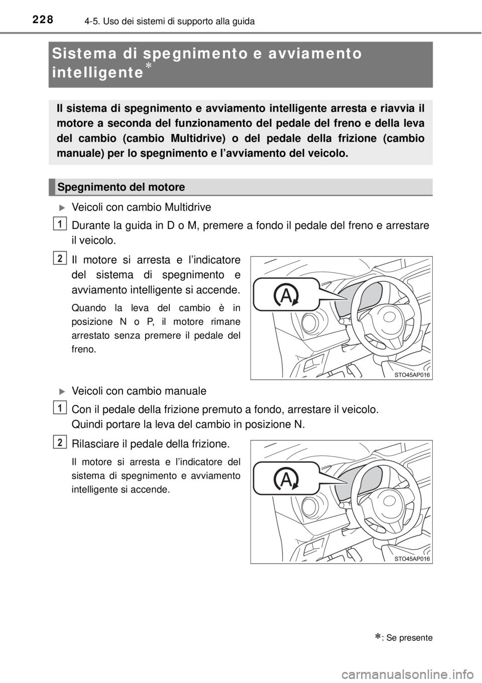 TOYOTA YARIS 2015  Manuale duso (in Italian) 2284-5. Uso dei sistemi di supporto alla guida
Sistema di spegnimento e avviamento 
intelligente

Veicoli con cambio Multidrive
Durante la guida in D o M, premere a fondo il pedale del freno e a