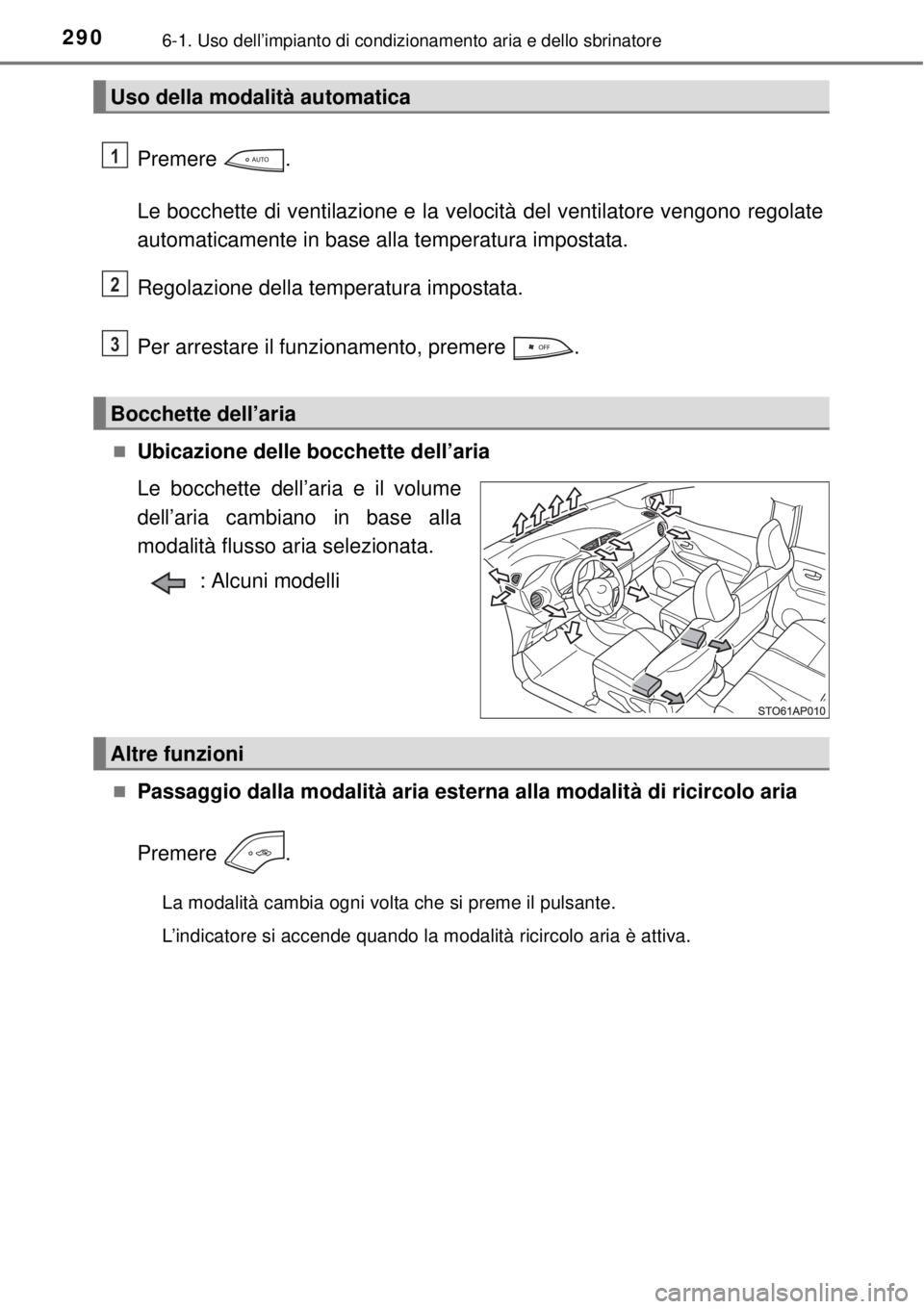 TOYOTA YARIS 2015 Manuale duso (in Italian) 2906-1. Uso dell’impianto di condizionamento aria e dello sbrinatore
Premere .
Le bocchette di ventilazione e la velocità del ventilatore vengono regolate
automaticamente in base alla temperatura i TOYOTA YARIS 2015 Manuale duso (in Italian) 2906-1. Uso dell’impianto di condizionamento aria e dello sbrinatore
Premere .
Le bocchette di ventilazione e la velocità del ventilatore vengono regolate
automaticamente in base alla temperatura i