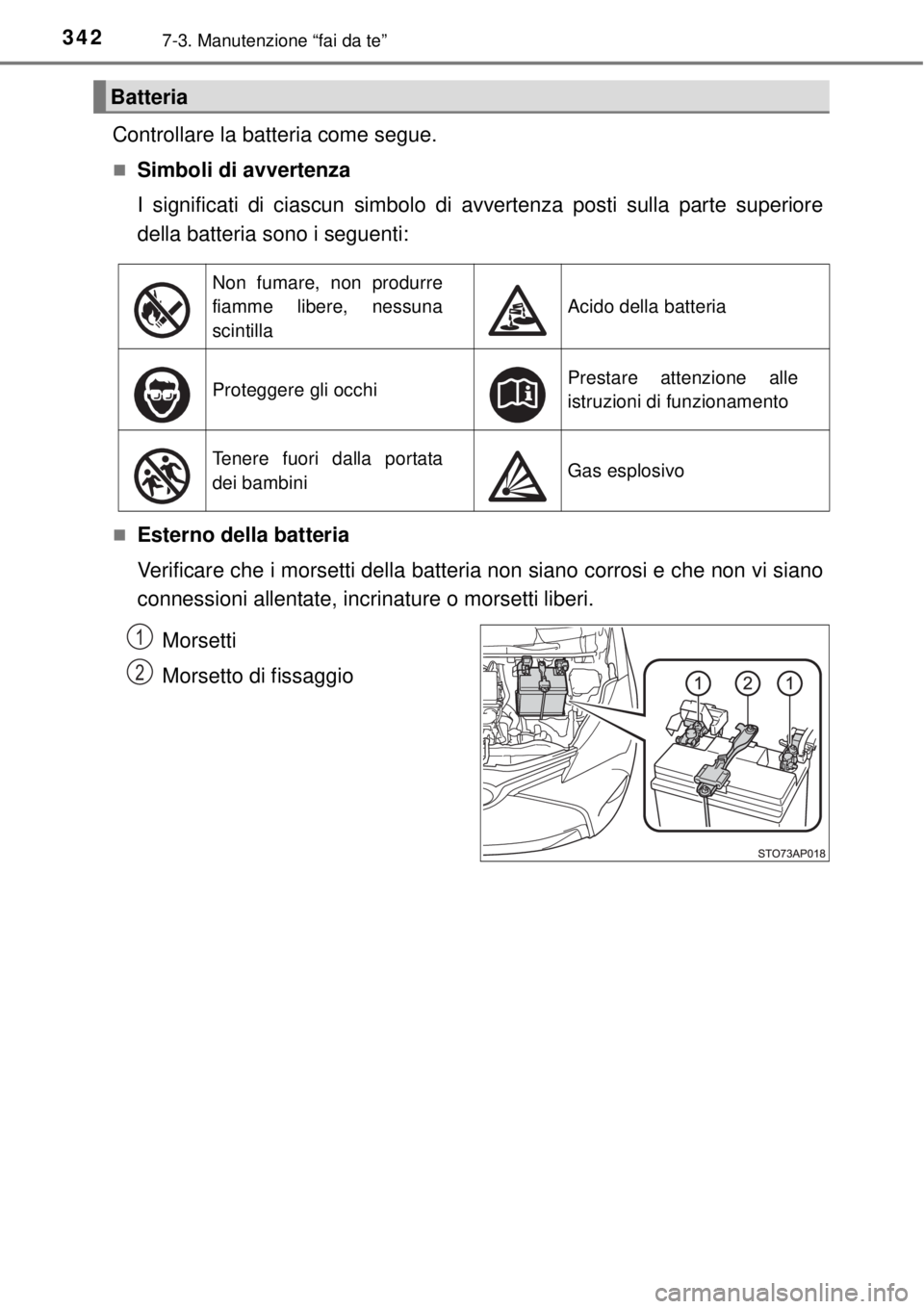 TOYOTA YARIS 2015 Manuale duso (in Italian) 3427-3. Manutenzione “fai da te”
Controllare la batteria come segue.
Simboli di avvertenza
I significati di ciascun simbolo di avvertenza posti sulla parte superiore
della batteria sono i segue TOYOTA YARIS 2015 Manuale duso (in Italian) 3427-3. Manutenzione “fai da te”
Controllare la batteria come segue.
Simboli di avvertenza
I significati di ciascun simbolo di avvertenza posti sulla parte superiore
della batteria sono i segue
