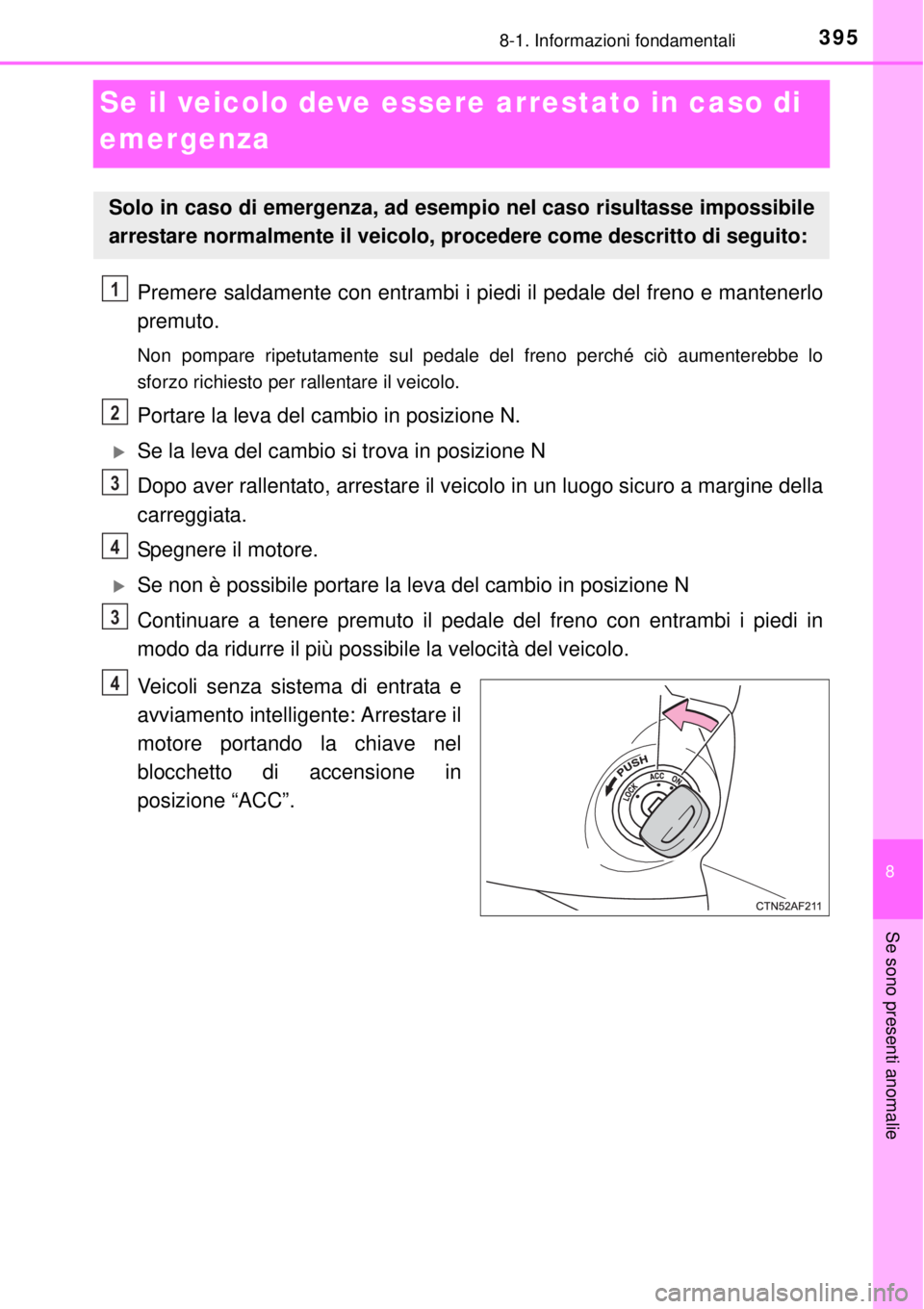 TOYOTA YARIS 2015  Manuale duso (in Italian) 3958-1. Informazioni fondamentali
8
Se sono presenti anomalie
Se il veicolo deve essere arrestato in caso di 
emergenza
Premere saldamente con entrambi i piedi il pedale del freno e mantenerlo
premuto