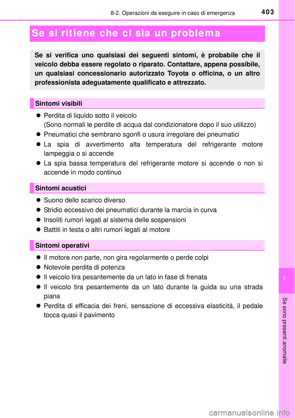 TOYOTA YARIS 2015  Manuale duso (in Italian) 4038-2. Operazioni da eseguire in caso di emergenza
8
Se sono presenti anomalie
Se si ritiene che ci sia un problema
Perdita di liquido sotto il veicolo 
(Sono normali le perdite di acqua dal condi
