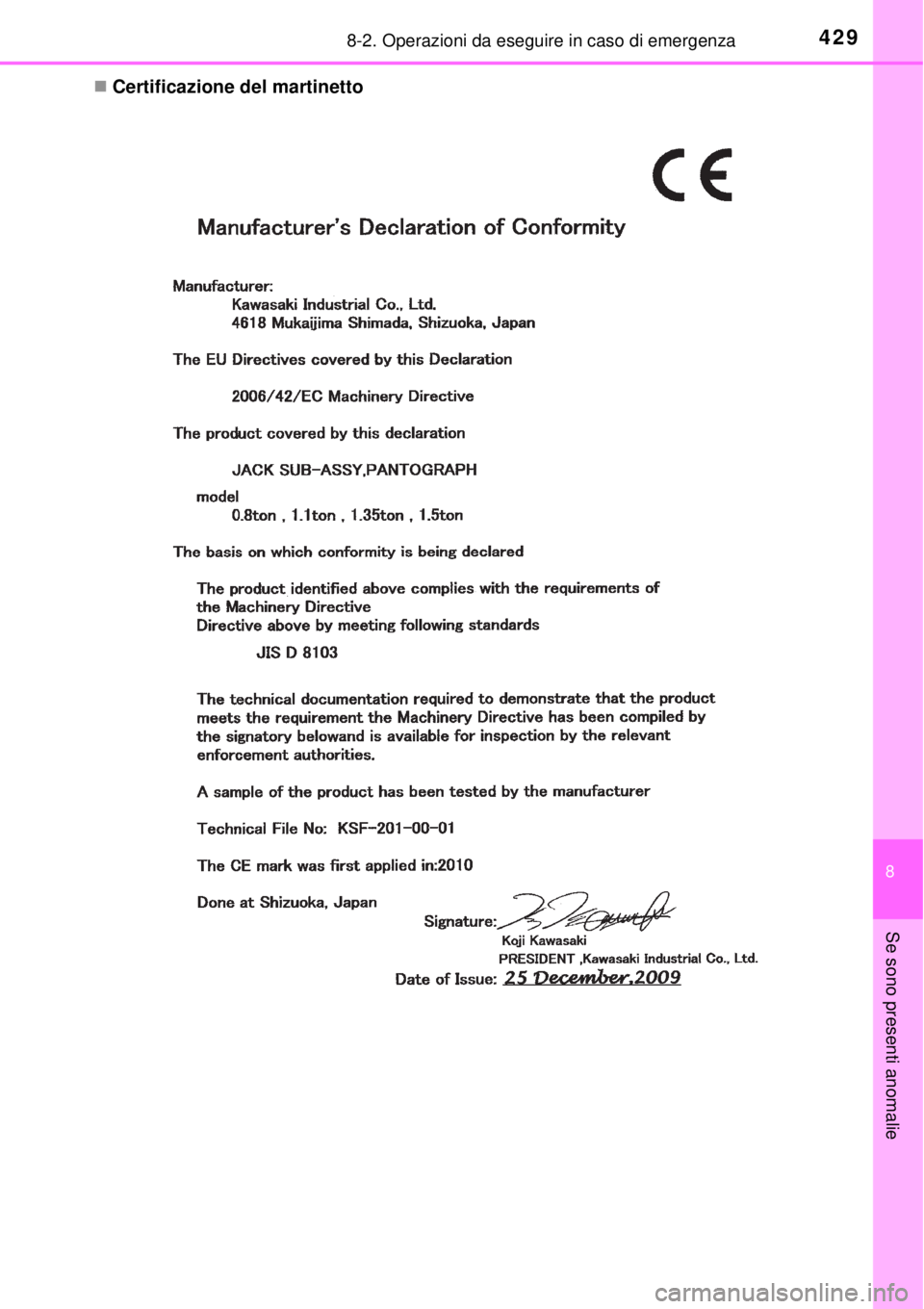TOYOTA YARIS 2015  Manuale duso (in Italian) 4298-2. Operazioni da eseguire in caso di emergenza
8
Se sono presenti anomalie
Certificazione del martinetto 