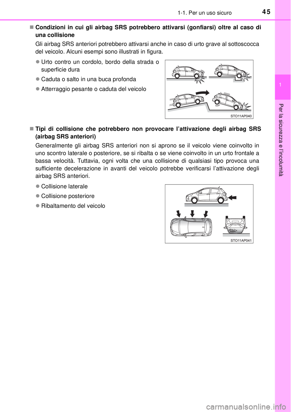 TOYOTA YARIS 2015 Manuale duso (in Italian) 451-1. Per un uso sicuro
1
Per la sicurezza e l’incolumità
Condizioni in cui gli airbag SRS potrebbero attivarsi (gonfiarsi) oltre al caso di
una collisione
Gli airbag SRS anteriori potrebbero TOYOTA YARIS 2015 Manuale duso (in Italian) 451-1. Per un uso sicuro
1
Per la sicurezza e l’incolumità
Condizioni in cui gli airbag SRS potrebbero attivarsi (gonfiarsi) oltre al caso di
una collisione
Gli airbag SRS anteriori potrebbero