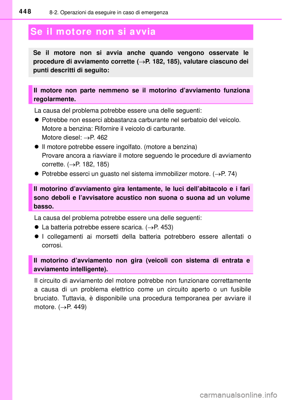 TOYOTA YARIS 2015 Manuale duso (in Italian) 4488-2. Operazioni da eseguire in caso di emergenza
Se il motore non si avvia
La causa del problema potrebbe essere una delle seguenti:
Potrebbe non esserci abbastanza carburante nel serbatoio del TOYOTA YARIS 2015 Manuale duso (in Italian) 4488-2. Operazioni da eseguire in caso di emergenza
Se il motore non si avvia
La causa del problema potrebbe essere una delle seguenti:
Potrebbe non esserci abbastanza carburante nel serbatoio del