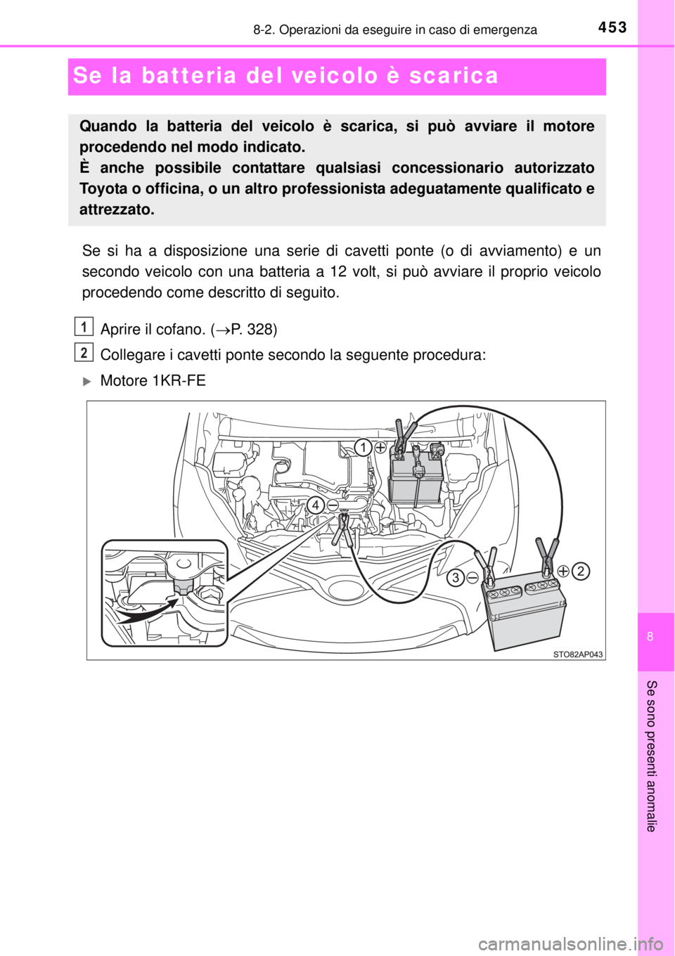 TOYOTA YARIS 2015 Manuale duso (in Italian) 4538-2. Operazioni da eseguire in caso di emergenza
8
Se sono presenti anomalie
Se la batteria del veicolo è scarica
Se si ha a disposizione una serie di cavetti ponte (o di avviamento) e un
secondo TOYOTA YARIS 2015 Manuale duso (in Italian) 4538-2. Operazioni da eseguire in caso di emergenza
8
Se sono presenti anomalie
Se la batteria del veicolo è scarica
Se si ha a disposizione una serie di cavetti ponte (o di avviamento) e un
secondo