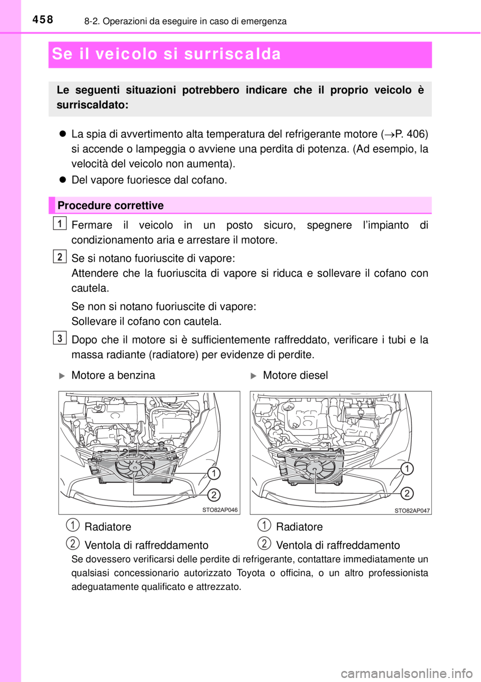 TOYOTA YARIS 2015 Manuale duso (in Italian) 4588-2. Operazioni da eseguire in caso di emergenza
Se il veicolo si surriscalda
La spia di avvertimento alta temperatura del refrigerante motore (P. 406)
si accende o lampeggia o avviene una pe TOYOTA YARIS 2015 Manuale duso (in Italian) 4588-2. Operazioni da eseguire in caso di emergenza
Se il veicolo si surriscalda
La spia di avvertimento alta temperatura del refrigerante motore (P. 406)
si accende o lampeggia o avviene una pe