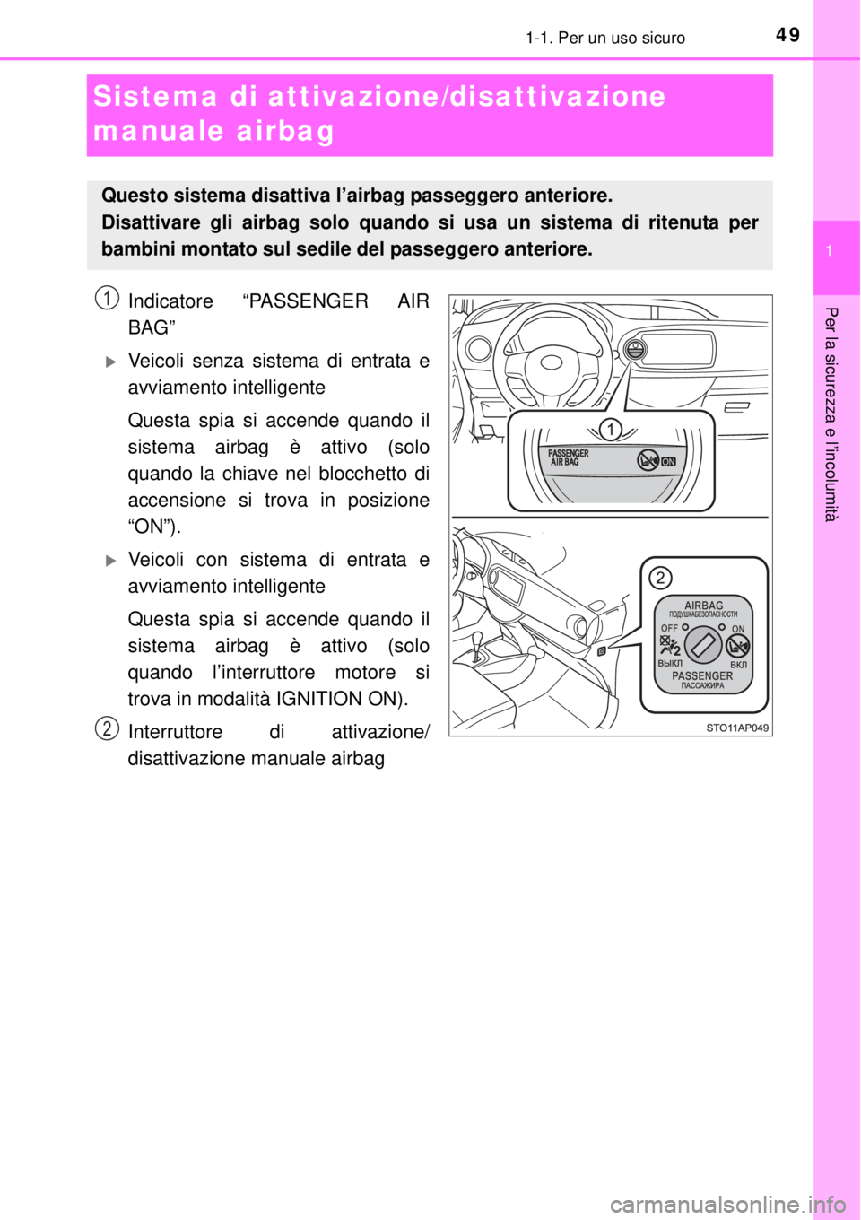 TOYOTA YARIS 2015 Manuale duso (in Italian) 491-1. Per un uso sicuro
1
Per la sicurezza e l’incolumità
Sistema di attivazione/disattivazione
manuale airbag
Indicatore “PASSENGER AIR
BAG”
Veicoli senza sistema di entrata e
avviamento TOYOTA YARIS 2015 Manuale duso (in Italian) 491-1. Per un uso sicuro
1
Per la sicurezza e l’incolumità
Sistema di attivazione/disattivazione
manuale airbag
Indicatore “PASSENGER AIR
BAG”
Veicoli senza sistema di entrata e
avviamento