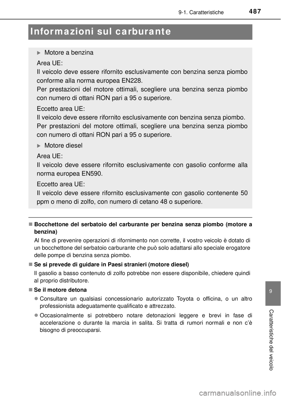 TOYOTA YARIS 2015 Manuale duso (in Italian) 4879-1. Caratteristiche
9
Caratteristiche del veicolo
Informazioni sul carburante
Bocchettone del serbatoio del carburante per benzina senza piombo (motore a
benzina)
Al fine di prevenire operazion TOYOTA YARIS 2015 Manuale duso (in Italian) 4879-1. Caratteristiche
9
Caratteristiche del veicolo
Informazioni sul carburante
Bocchettone del serbatoio del carburante per benzina senza piombo (motore a
benzina)
Al fine di prevenire operazion