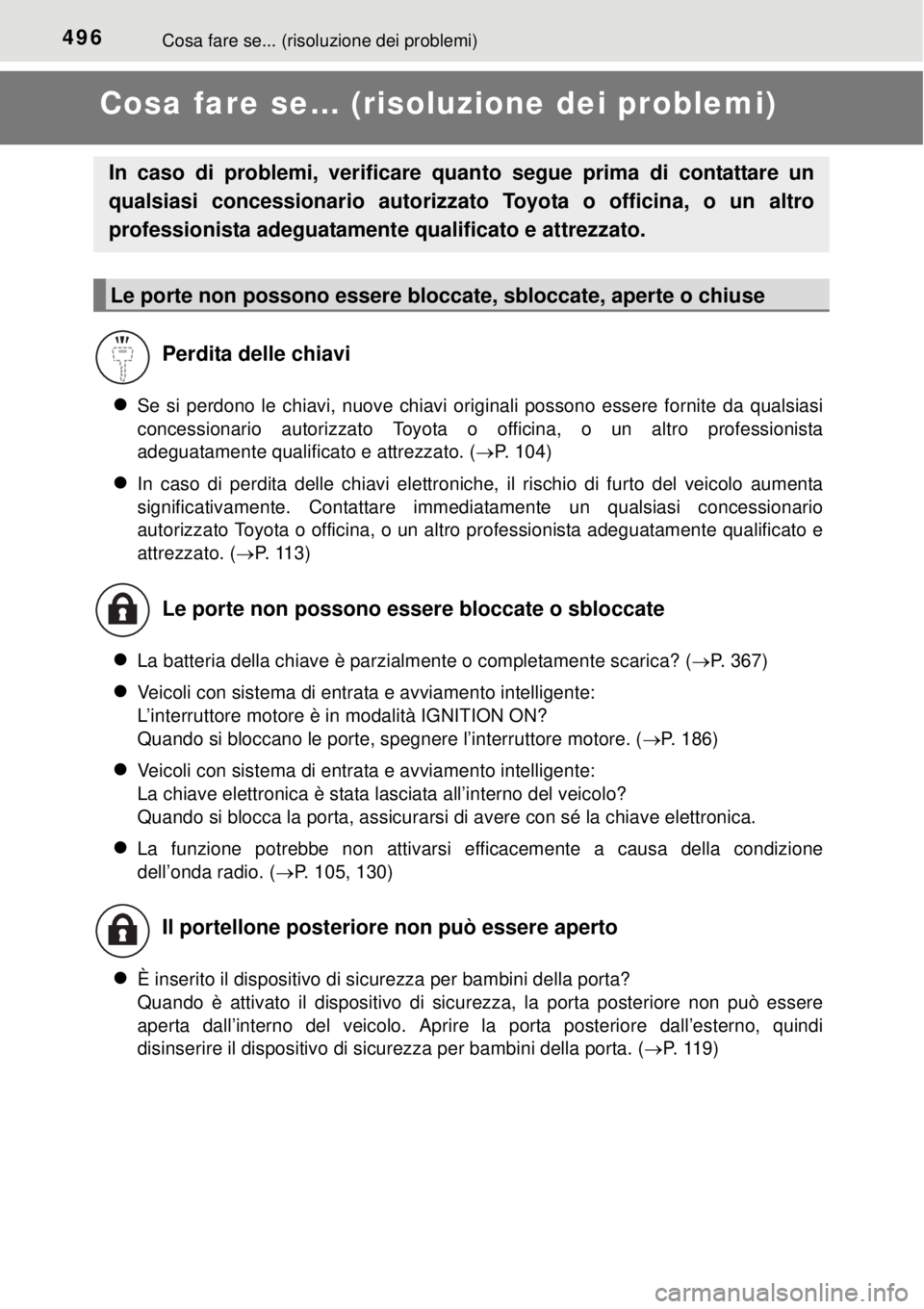 TOYOTA YARIS 2015 Manuale duso (in Italian) 496Cosa fare se... (risoluzione dei problemi)
Cosa fare se... (risoluzione dei problemi)
Se si perdono le chiavi, nuove chiavi originali possono essere fornite da qualsiasi
concessionario autorizza TOYOTA YARIS 2015 Manuale duso (in Italian) 496Cosa fare se... (risoluzione dei problemi)
Cosa fare se... (risoluzione dei problemi)
Se si perdono le chiavi, nuove chiavi originali possono essere fornite da qualsiasi
concessionario autorizza
