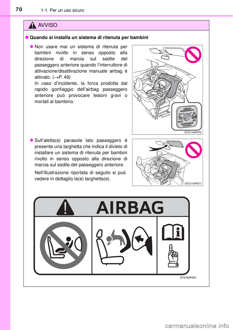 TOYOTA YARIS 2015 Manuale duso (in Italian) 701-1. Per un uso sicuro
AV V I S O
Quando si installa un sistema di ritenuta per bambini
Non usare mai un sistema di ritenuta per
bambini rivolto in senso opposto alla
direzione di marcia sul s TOYOTA YARIS 2015 Manuale duso (in Italian) 701-1. Per un uso sicuro
AV V I S O
Quando si installa un sistema di ritenuta per bambini
Non usare mai un sistema di ritenuta per
bambini rivolto in senso opposto alla
direzione di marcia sul s