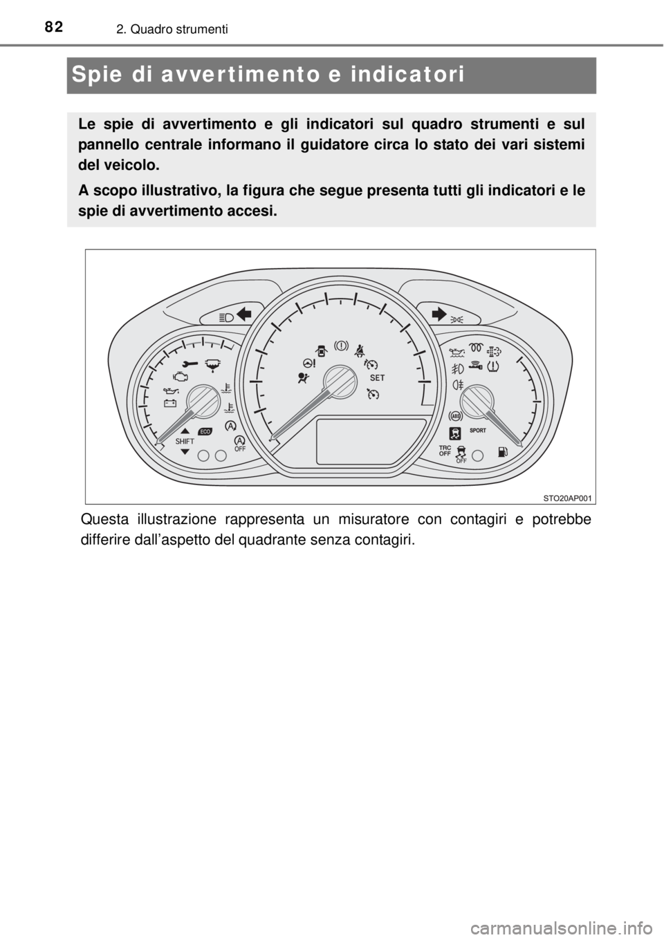 TOYOTA YARIS 2015 Manuale duso (in Italian) 822. Quadro strumenti
Spie di avver timento e indicatori
Questa illustrazione rappresenta un misuratore con contagiri e potrebbe
differire dall’aspetto del quadrante senza contagiri.
Le spie di avve TOYOTA YARIS 2015 Manuale duso (in Italian) 822. Quadro strumenti
Spie di avver timento e indicatori
Questa illustrazione rappresenta un misuratore con contagiri e potrebbe
differire dall’aspetto del quadrante senza contagiri.
Le spie di avve
