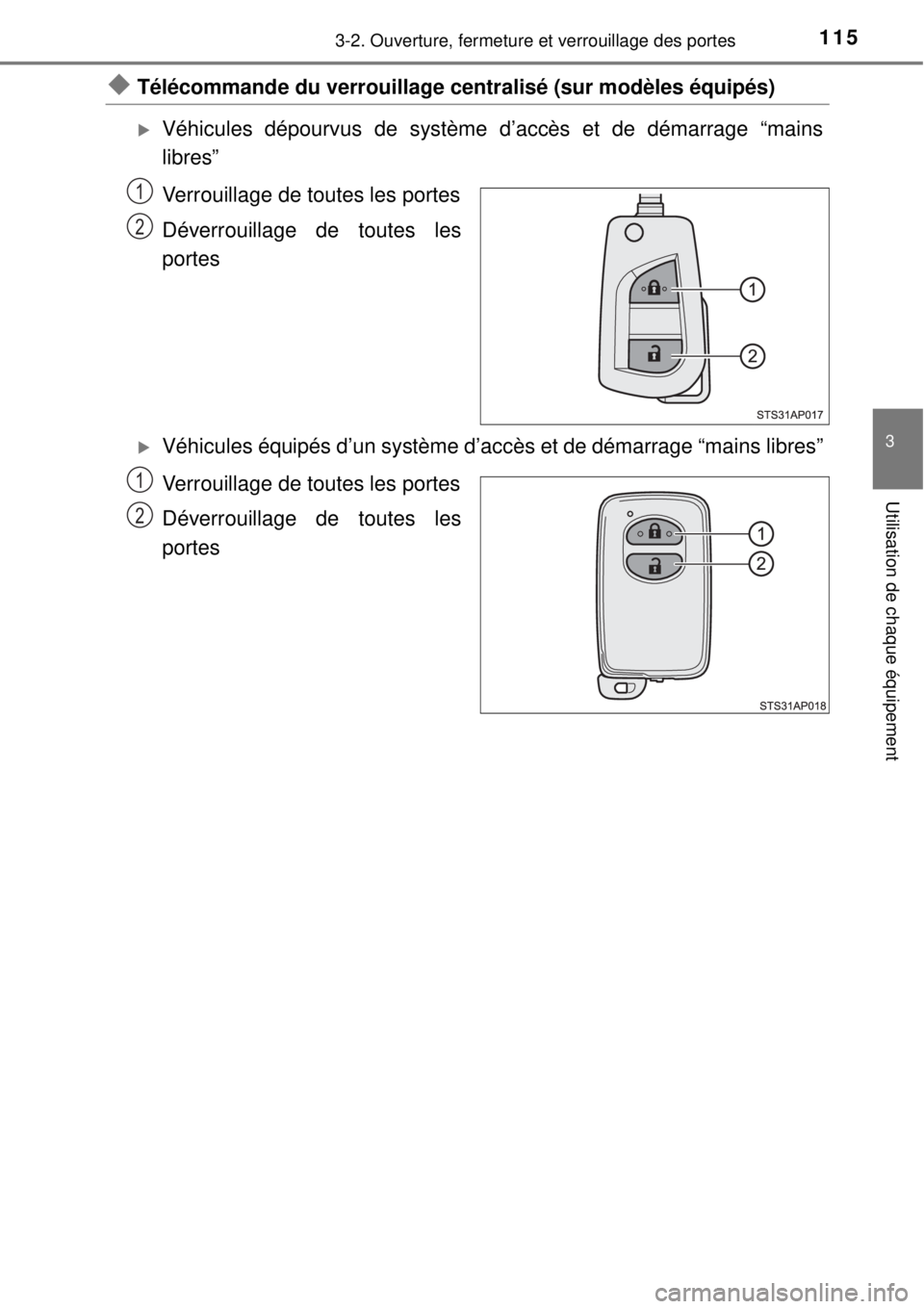 TOYOTA YARIS 2015  Notices Demploi (in French) 1153-2. Ouverture, fermeture et verrouillage des portes
3
Utilisation de chaque équipement
Télécommande du verrouillage centralisé (sur modèles équipés)
Véhicules dépourvus de système 