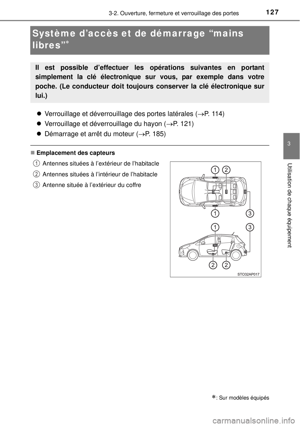 TOYOTA YARIS 2015  Notices Demploi (in French) 127
3
3-2. Ouverture, fermeture et verrouillage des portes
Utilisation de chaque équipement
Système d’accès et de démarrage “mains 
libres”

Verrouillage et déverrouillage des portes 