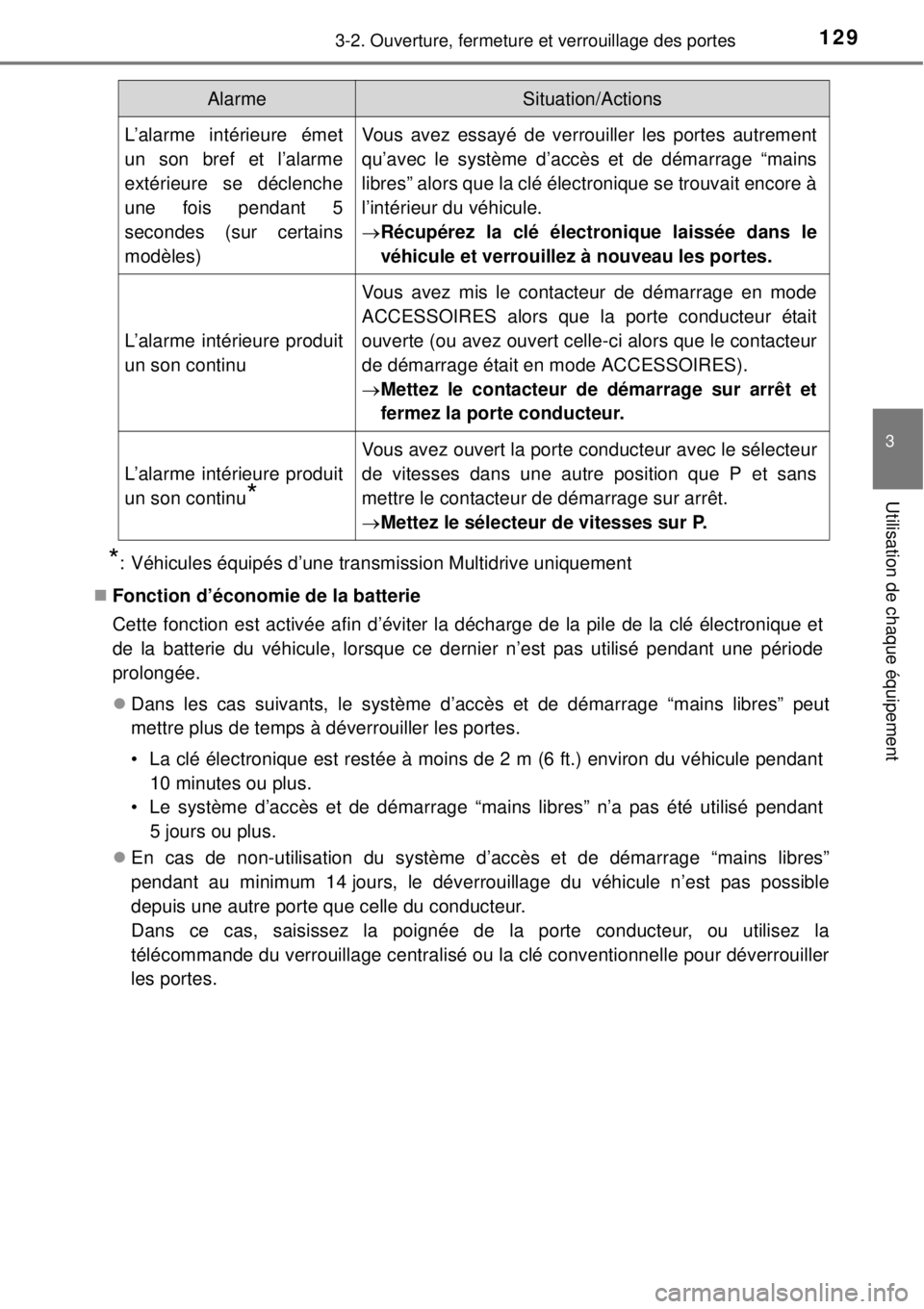 TOYOTA YARIS 2015  Notices Demploi (in French) 1293-2. Ouverture, fermeture et verrouillage des portes
3
Utilisation de chaque équipement
*: Véhicules équipés d’une transmission Multidrive uniquement
Fonction d’économie de la batterie
