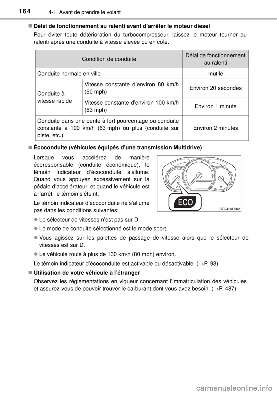 TOYOTA YARIS 2015 Notices Demploi (in French) 1644-1. Avant de prendre le volant
Délai de fonctionnement au ralenti avant d’arrêter le moteur diesel
Pour éviter toute détérioration du turbocompresseur, laissez le moteur tourner au
ralen TOYOTA YARIS 2015 Notices Demploi (in French) 1644-1. Avant de prendre le volant
Délai de fonctionnement au ralenti avant d’arrêter le moteur diesel
Pour éviter toute détérioration du turbocompresseur, laissez le moteur tourner au
ralen