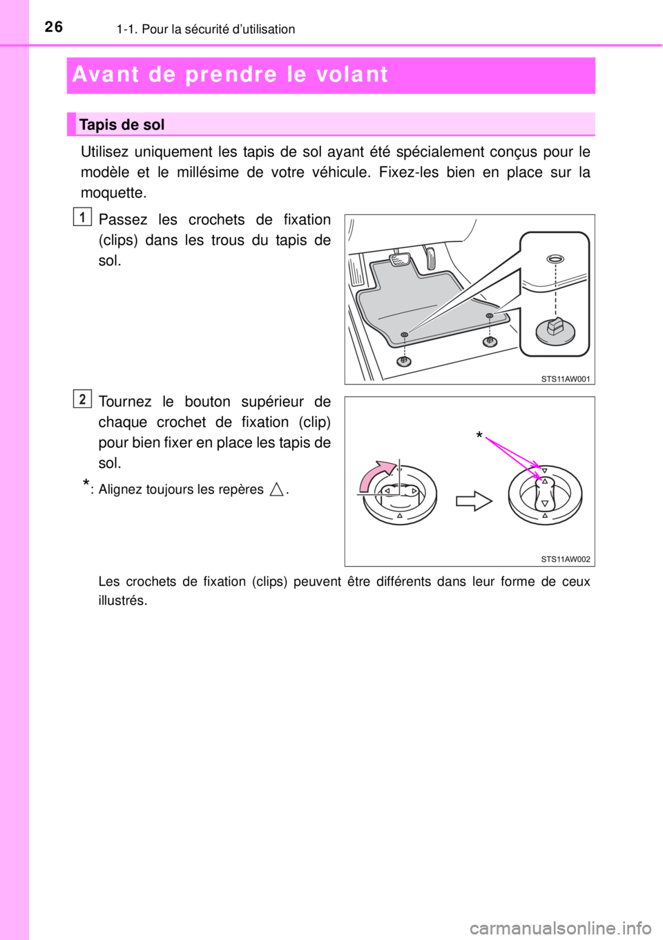 TOYOTA YARIS 2015  Notices Demploi (in French) 261-1. Pour la sécurité d’utilisation
Avant de prendre le volant
Utilisez uniquement les tapis de sol ayant été spécialement conçus pour le
modèle et le millésime de votre véhicule. Fixez-l