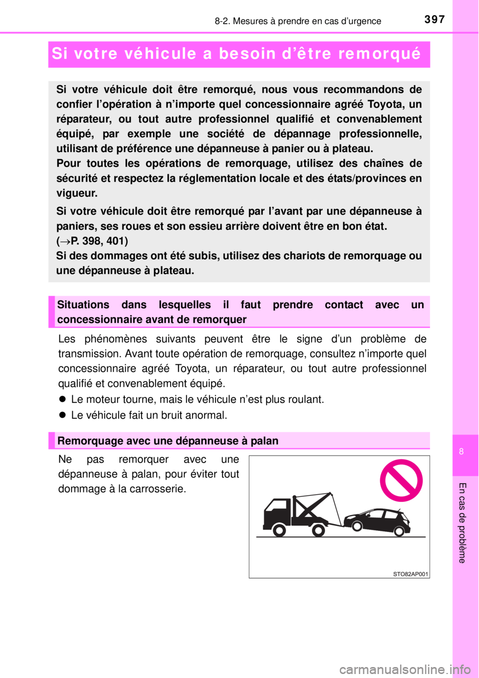 TOYOTA YARIS 2015 Notices Demploi (in French) 3978-2. Mesures à prendre en cas d’urgence
8
En cas de problème
Si votre véhicule a besoin d’être remorqué
Les phénomènes suivants peuvent être le signe d’un problème de
transmission. A TOYOTA YARIS 2015 Notices Demploi (in French) 3978-2. Mesures à prendre en cas d’urgence
8
En cas de problème
Si votre véhicule a besoin d’être remorqué
Les phénomènes suivants peuvent être le signe d’un problème de
transmission. A