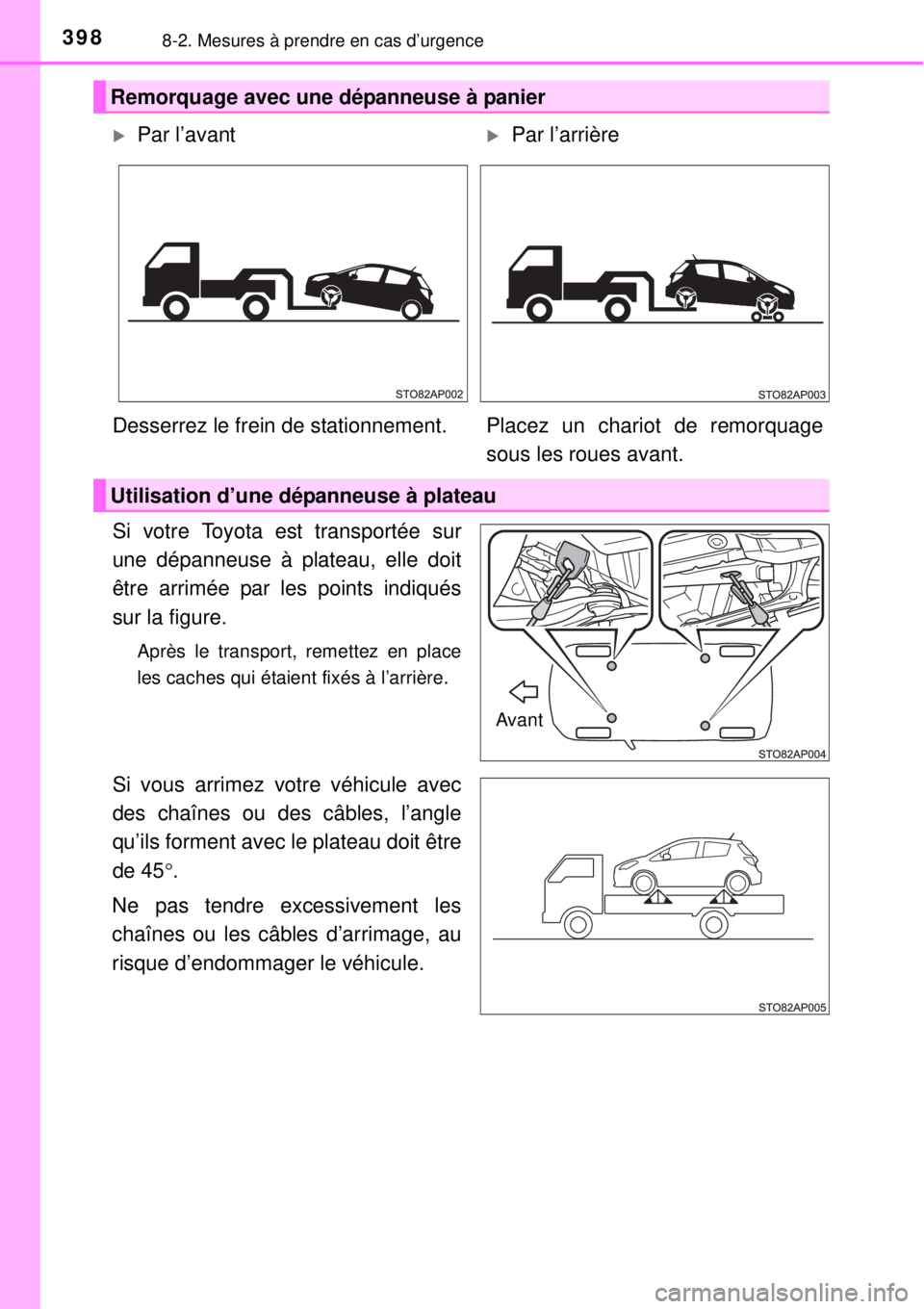 TOYOTA YARIS 2015 Notices Demploi (in French) 3988-2. Mesures à prendre en cas d’urgence
Si votre Toyota est transportée sur
une dépanneuse à plateau, elle doit
être arrimée par les points indiqués
sur la figure.
Après le transport, rem TOYOTA YARIS 2015 Notices Demploi (in French) 3988-2. Mesures à prendre en cas d’urgence
Si votre Toyota est transportée sur
une dépanneuse à plateau, elle doit
être arrimée par les points indiqués
sur la figure.
Après le transport, rem