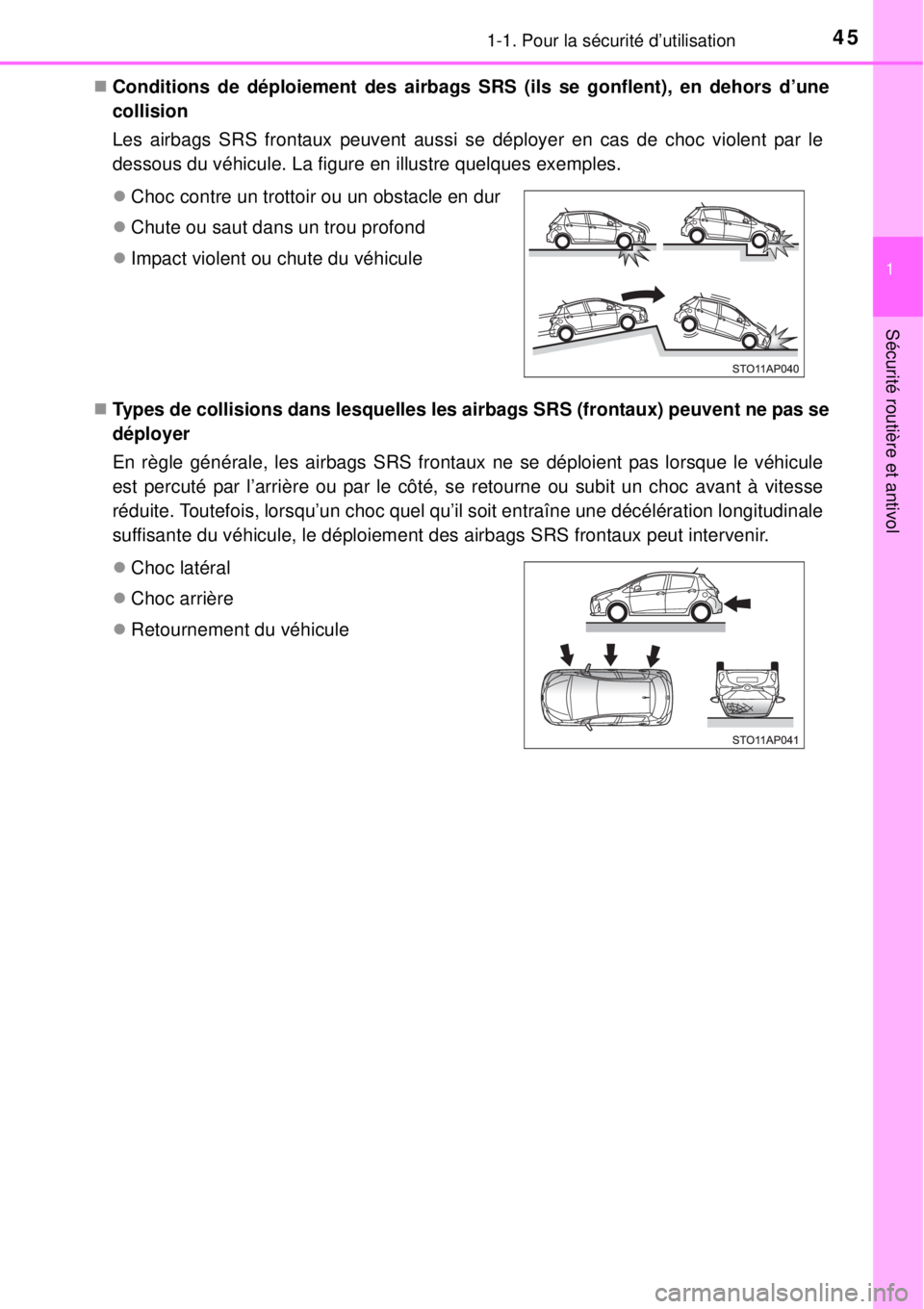 TOYOTA YARIS 2015  Notices Demploi (in French) 451-1. Pour la sécurité d’utilisation
1
Sécurité routière et antivol
Conditions de déploiement des airbags SRS (ils se gonflent), en dehors d’une
collision 
Les airbags SRS frontaux peuve