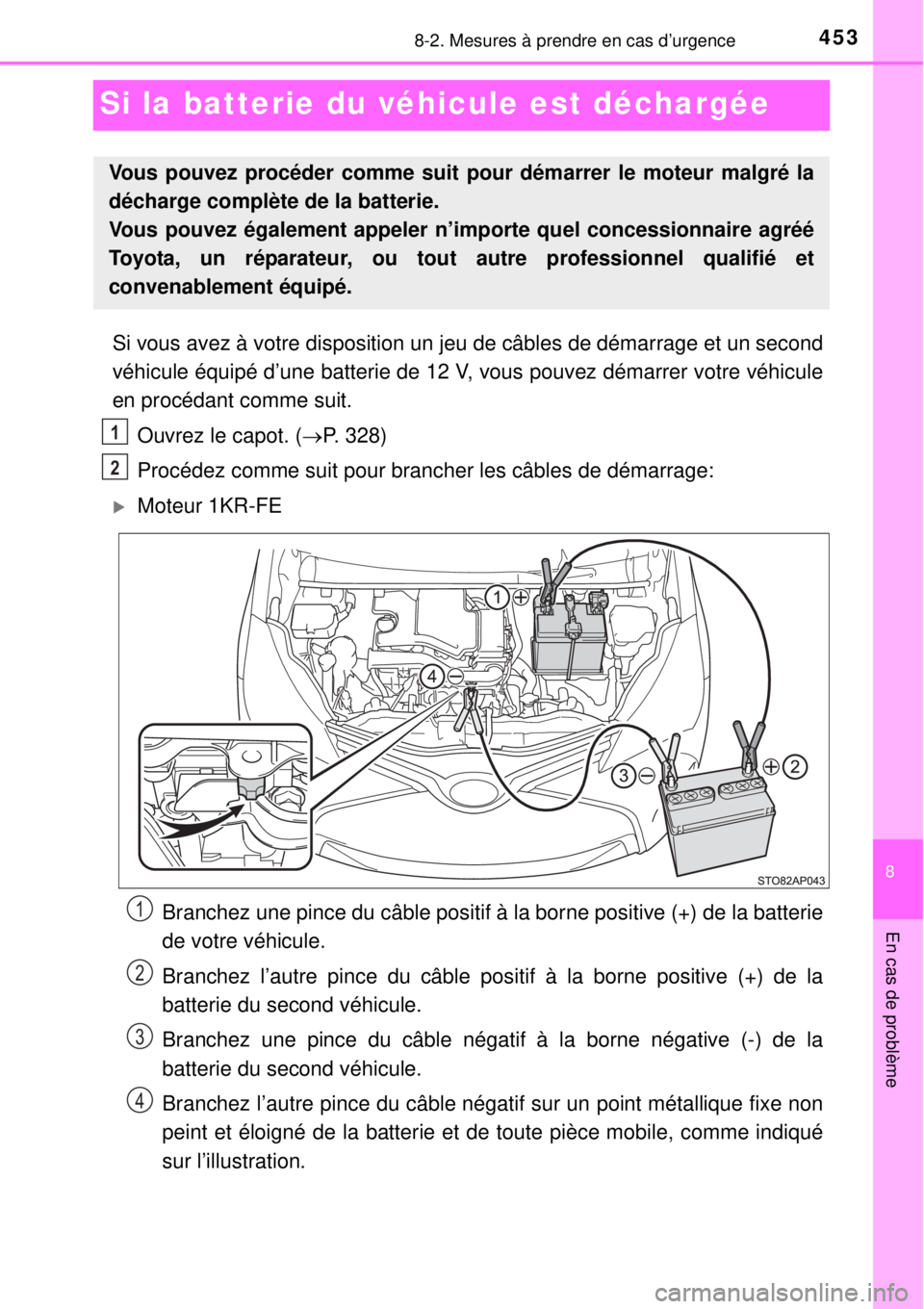 TOYOTA YARIS 2015 Notices Demploi (in French) 4538-2. Mesures à prendre en cas d’urgence
8
En cas de problème
Si la batterie du véhicule est déchargée
Si vous avez à votre disposition un jeu de câbles de démarrage et un second
véhicule TOYOTA YARIS 2015 Notices Demploi (in French) 4538-2. Mesures à prendre en cas d’urgence
8
En cas de problème
Si la batterie du véhicule est déchargée
Si vous avez à votre disposition un jeu de câbles de démarrage et un second
véhicule