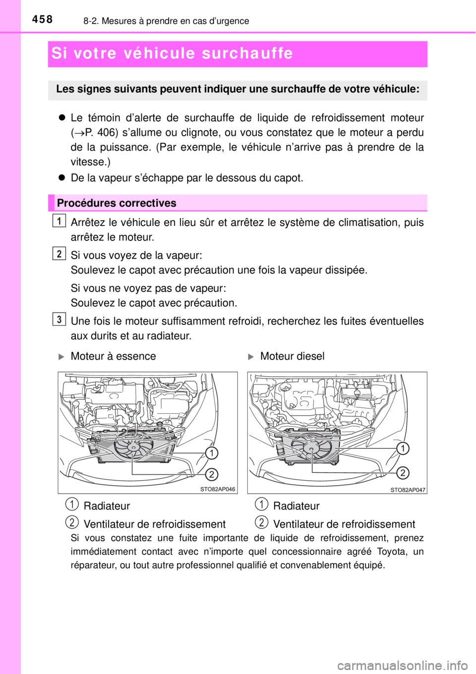 TOYOTA YARIS 2015 Notices Demploi (in French) 4588-2. Mesures à prendre en cas d’urgence
Si votre véhicule surchauffe
Le témoin d’alerte de surchauffe de liquide de refroidissement moteur
(P. 406) s’allume ou clignote, ou vous cons TOYOTA YARIS 2015 Notices Demploi (in French) 4588-2. Mesures à prendre en cas d’urgence
Si votre véhicule surchauffe
Le témoin d’alerte de surchauffe de liquide de refroidissement moteur
(P. 406) s’allume ou clignote, ou vous cons