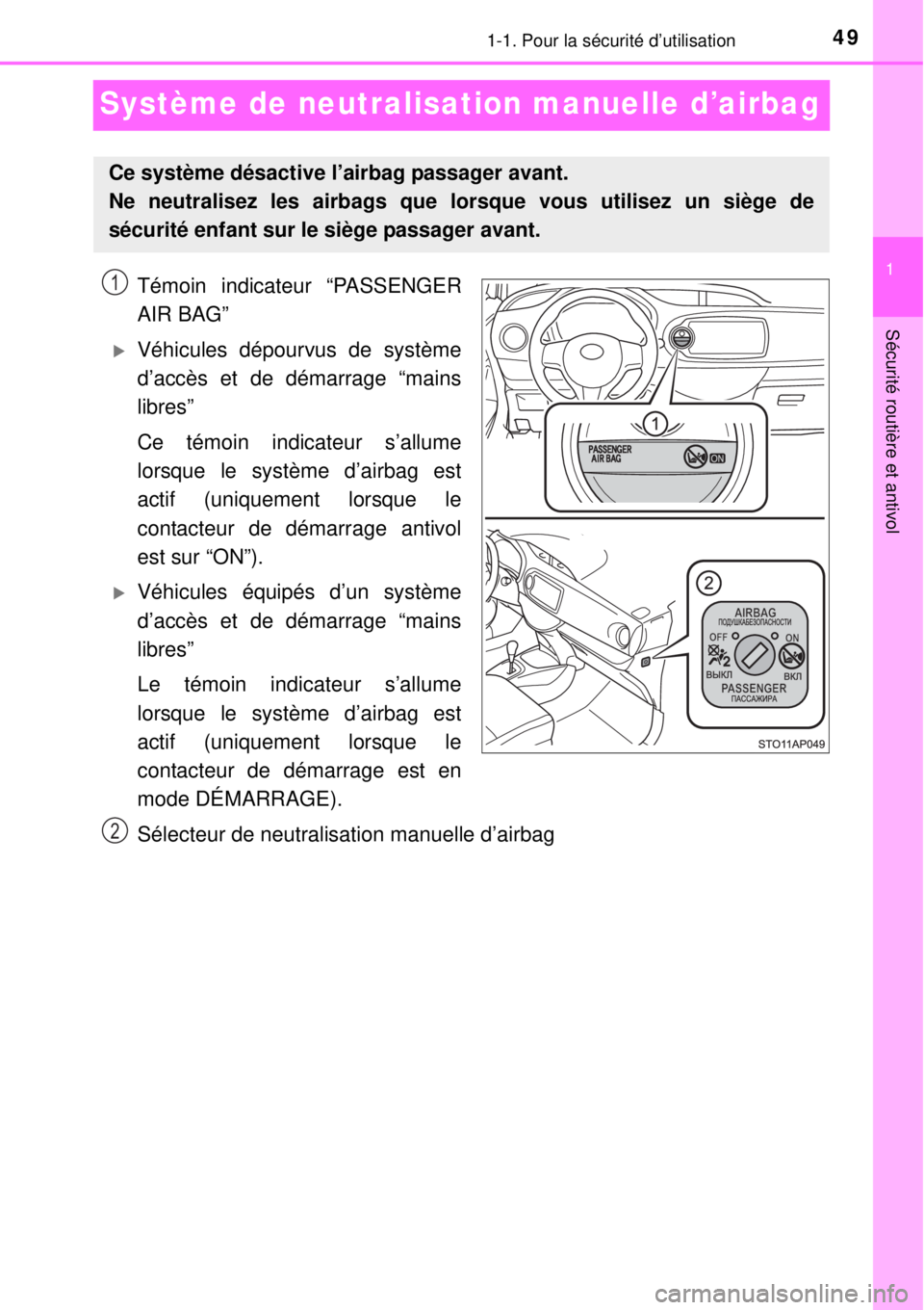 TOYOTA YARIS 2015  Notices Demploi (in French) 491-1. Pour la sécurité d’utilisation
1
Sécurité routière et antivol
Système de neutralisation manuelle d’airbag
Témoin indicateur “PASSENGER
AIR BAG”
Véhicules dépourvus de systè