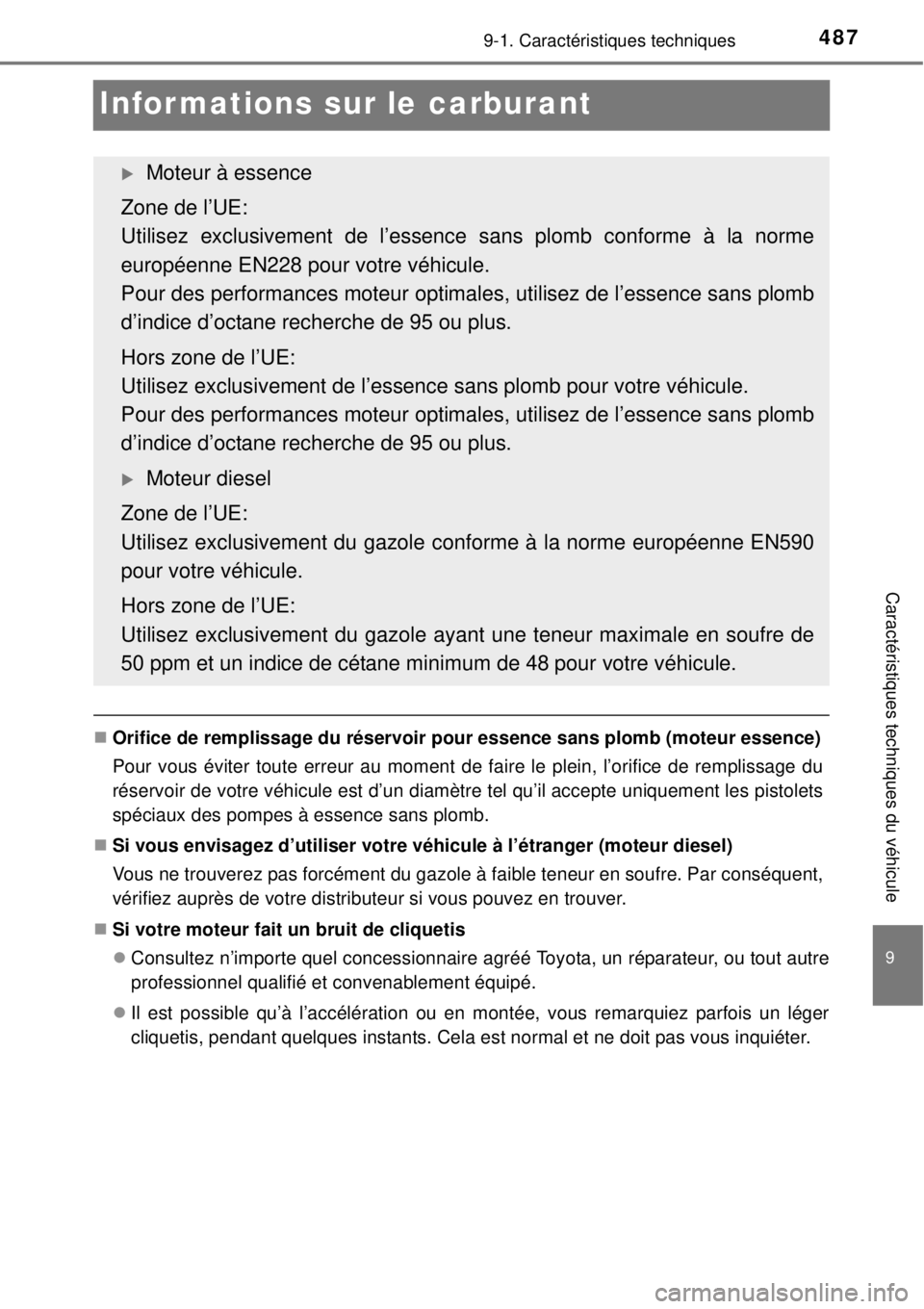 TOYOTA YARIS 2015  Notices Demploi (in French) 4879-1. Caractéristiques techniques
9
Caractéristiques techniques du véhicule
Informations sur le carburant
Orifice de remplissage du réservoir pour essence sans plomb (moteur essence)
Pour vou