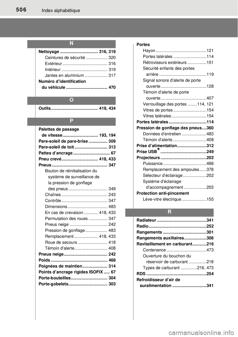 TOYOTA YARIS 2015  Notices Demploi (in French) 506Index alphabétique
Nettoyage ................................ 316, 319
Ceintures de sécurité .................. 320
Extérieur ...................................... 316
Intérieur .............