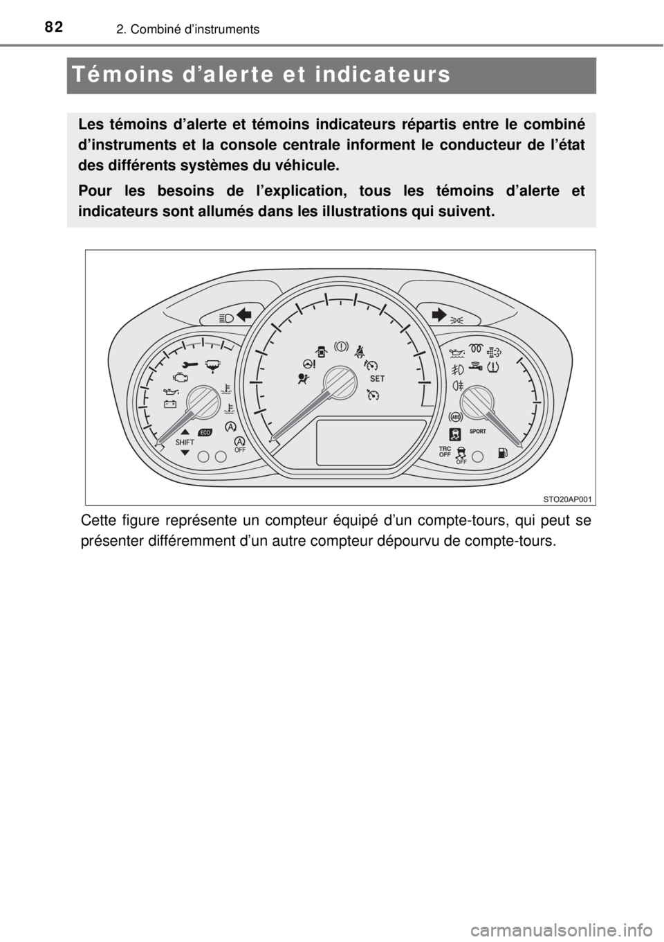 TOYOTA YARIS 2015 Notices Demploi (in French) 822. Combiné d’instruments
Témoins d’alerte et indicateurs
Cette figure représente un compteur équipé d’un compte-tours, qui peut se
présenter différemment d’un autre compteur dépourvu TOYOTA YARIS 2015 Notices Demploi (in French) 822. Combiné d’instruments
Témoins d’alerte et indicateurs
Cette figure représente un compteur équipé d’un compte-tours, qui peut se
présenter différemment d’un autre compteur dépourvu