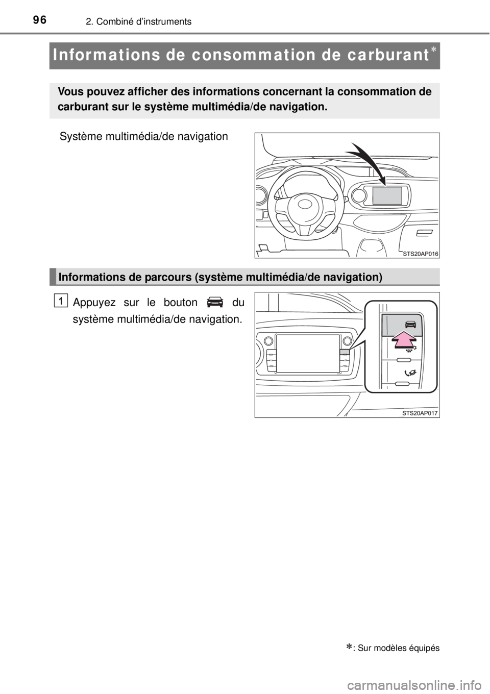 TOYOTA YARIS 2015 Notices Demploi (in French) 962. Combiné d’instruments
Informations de consommation de carburant
Système multimédia/de navigation
Appuyez sur le bouton du
système multimédia/de navigation.
: Sur modèles équipés TOYOTA YARIS 2015 Notices Demploi (in French) 962. Combiné d’instruments
Informations de consommation de carburant
Système multimédia/de navigation
Appuyez sur le bouton du
système multimédia/de navigation.
: Sur modèles équipés