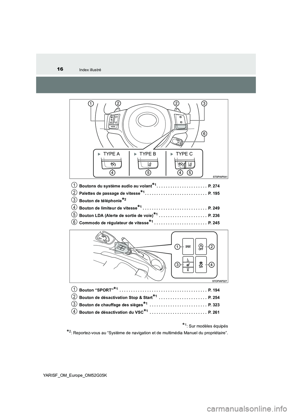 TOYOTA YARIS 2016  Notices Demploi (in French) 16Index illustré
YARISF_OM_Europe_OM52G05K 
Boutons du système audio au volant*1. . . . . . . . . . . . . . . . . . . . . .  P. 274 
Palettes de passage de vitesse*1. . . . . . . . . . . . . . . . .