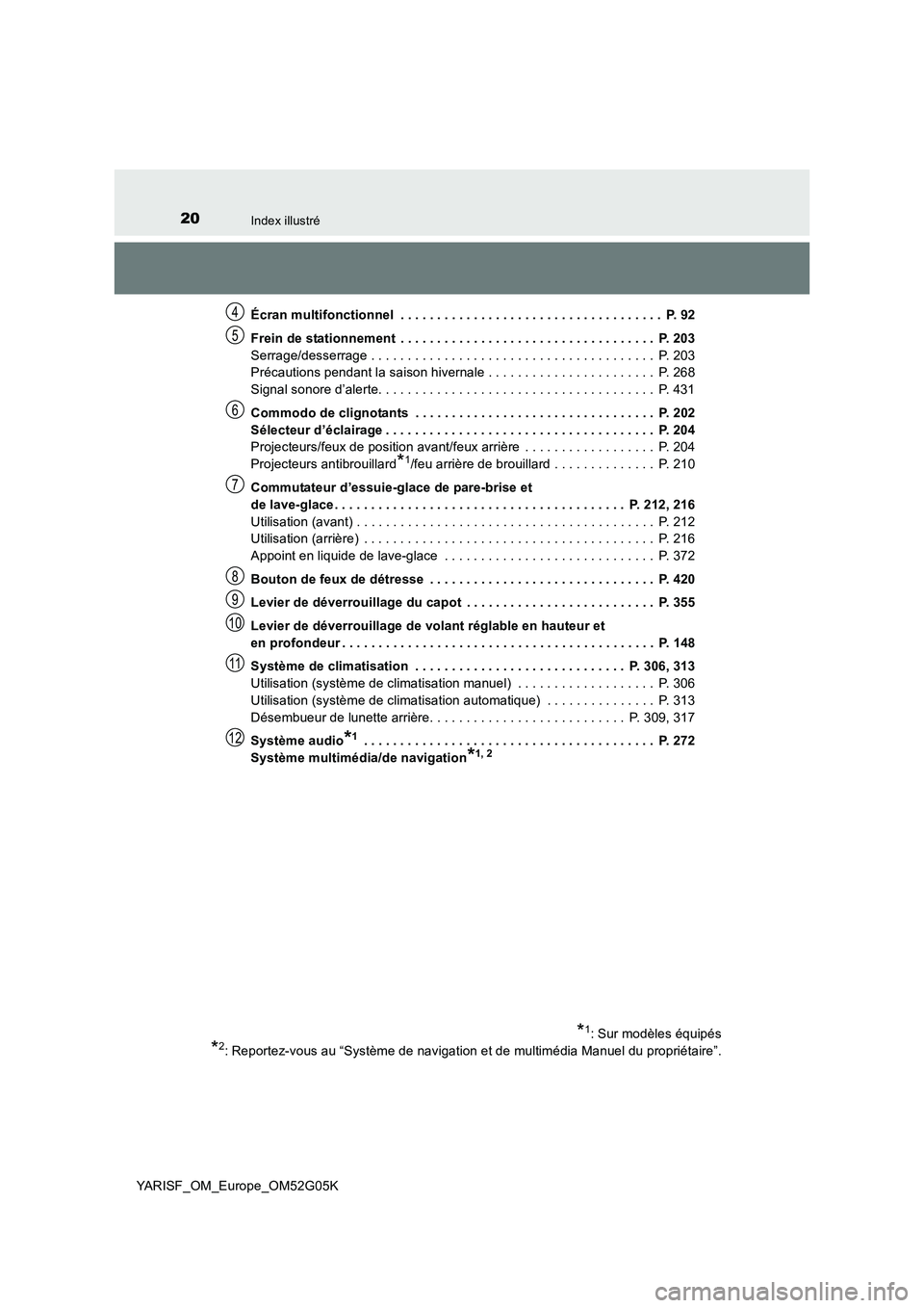 TOYOTA YARIS 2016  Notices Demploi (in French) 20Index illustré
YARISF_OM_Europe_OM52G05K 
Écran multifonctionnel  . . . . . . . . . . . . . . . . . . . . . . . . . . . . . . . . . . . .  P. 92 
Frein de stationnement  . . . . . . . . . . . . . 