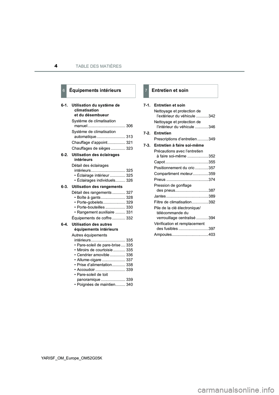 TOYOTA YARIS 2016  Notices Demploi (in French) TABLE DES MATIÈRES4
YARISF_OM_Europe_OM52G05K 
6-1. Utilisation du système de  
climatisation  
et du désembueur 
Système de climatisation  
manuel .................................. 306 
Système