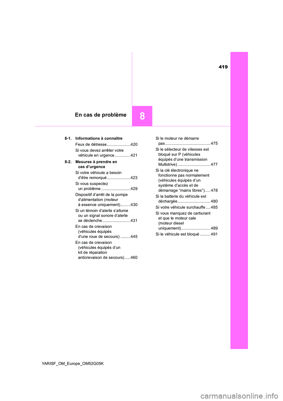 TOYOTA YARIS 2016 Notices Demploi (in French) 419
8En cas de problème
YARISF_OM_Europe_OM52G05K
8-1. Informations à connaître
Feux de détresse .....................420
Si vous devez arrêter votre
véhicule en urgence ..............421
TOYOTA YARIS 2016 Notices Demploi (in French) 419
8En cas de problème
YARISF_OM_Europe_OM52G05K
8-1. Informations à connaître
Feux de détresse .....................420
Si vous devez arrêter votre
véhicule en urgence ..............421