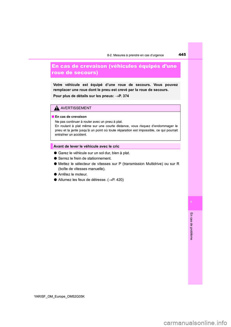 TOYOTA YARIS 2016 Notices Demploi (in French) 4458-2. Mesures à prendre en cas d’urgence
8
En cas de problème
YARISF_OM_Europe_OM52G05K
En cas de crevaison (véhicules équipés d’une
roue de secours)
● Garez le véhicule sur un sol dur TOYOTA YARIS 2016 Notices Demploi (in French) 4458-2. Mesures à prendre en cas d’urgence
8
En cas de problème
YARISF_OM_Europe_OM52G05K
En cas de crevaison (véhicules équipés d’une
roue de secours)
● Garez le véhicule sur un sol dur