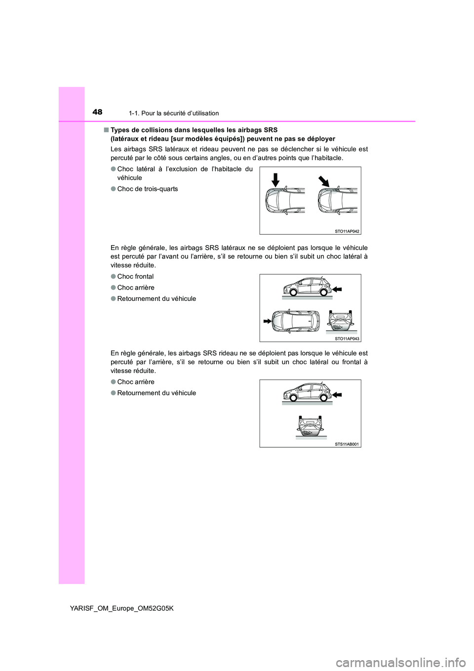 TOYOTA YARIS 2016  Notices Demploi (in French) 481-1. Pour la sécurité d’utilisation
YARISF_OM_Europe_OM52G05K 
■ Types de collisions dans lesquelles les airbags SRS  
(latéraux et rideau [sur modèles équipés]) peuvent ne pas se déploye