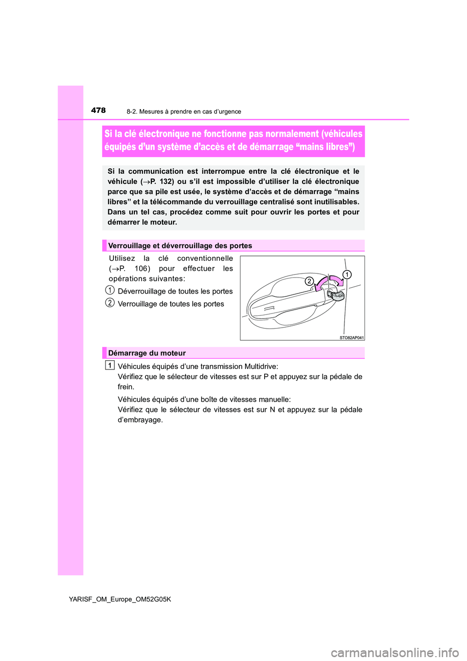 TOYOTA YARIS 2016 Notices Demploi (in French) 4788-2. Mesures à prendre en cas d’urgence
YARISF_OM_Europe_OM52G05K
Si la clé électronique ne fonctionne pas normalement (véhicules
équipés d’un système d’accès et de démarrage “ma TOYOTA YARIS 2016 Notices Demploi (in French) 4788-2. Mesures à prendre en cas d’urgence
YARISF_OM_Europe_OM52G05K
Si la clé électronique ne fonctionne pas normalement (véhicules
équipés d’un système d’accès et de démarrage “ma