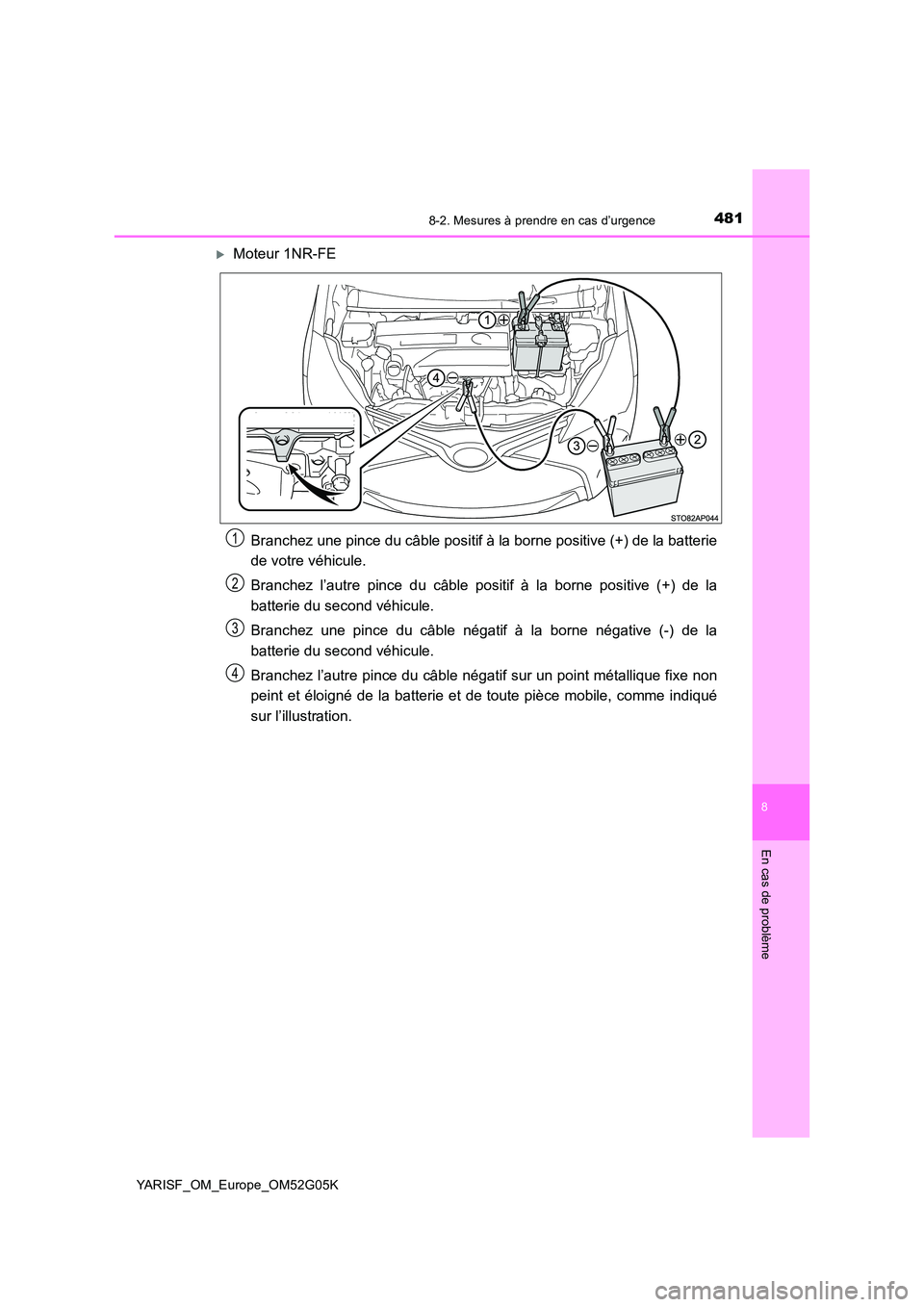 TOYOTA YARIS 2016 Notices Demploi (in French) 4818-2. Mesures à prendre en cas d’urgence
8
En cas de problème
YARISF_OM_Europe_OM52G05K
Moteur 1NR-FE
Branchez une pince du câble positif à la borne positive (+) de la batterie
de votre v TOYOTA YARIS 2016 Notices Demploi (in French) 4818-2. Mesures à prendre en cas d’urgence
8
En cas de problème
YARISF_OM_Europe_OM52G05K
Moteur 1NR-FE
Branchez une pince du câble positif à la borne positive (+) de la batterie
de votre v